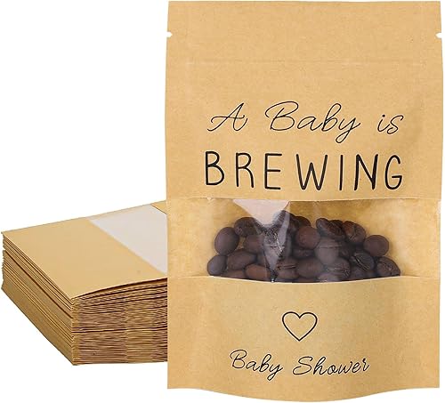 Whaline Paquete de 50 bolsas de regalo de baby shower, bolsas de papel kraft con ventana para revelación de género, almacenamiento de alimentos, 4 x