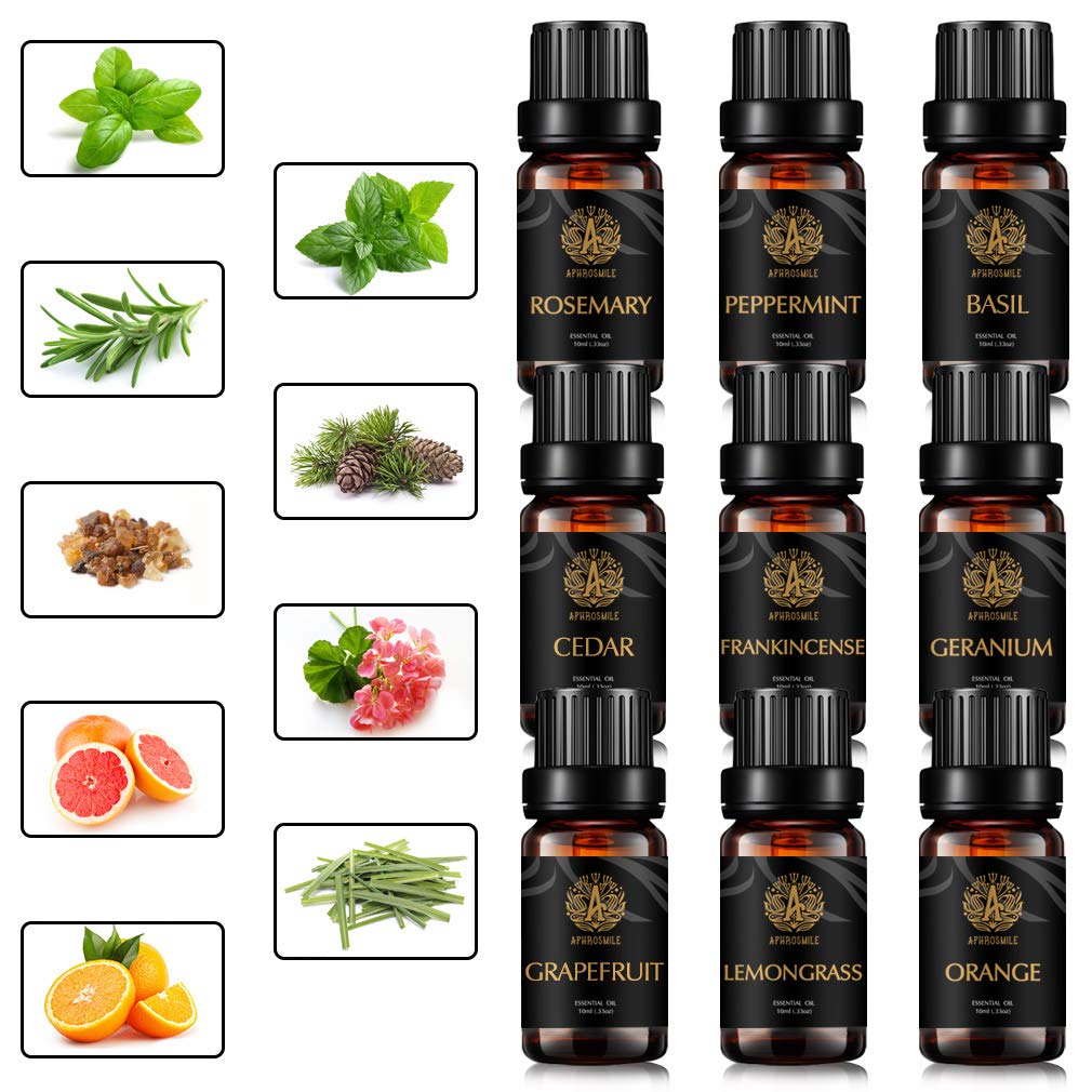 Aromatherapie Rosmarin ätherisches Öl Set für Diffusor, 100% reine Zeder ätherisches Öl für Hause, 9x10ml Grapefruit ätherische Öle-Basilikum,Geranium, Zitronengras, Orangenöle...