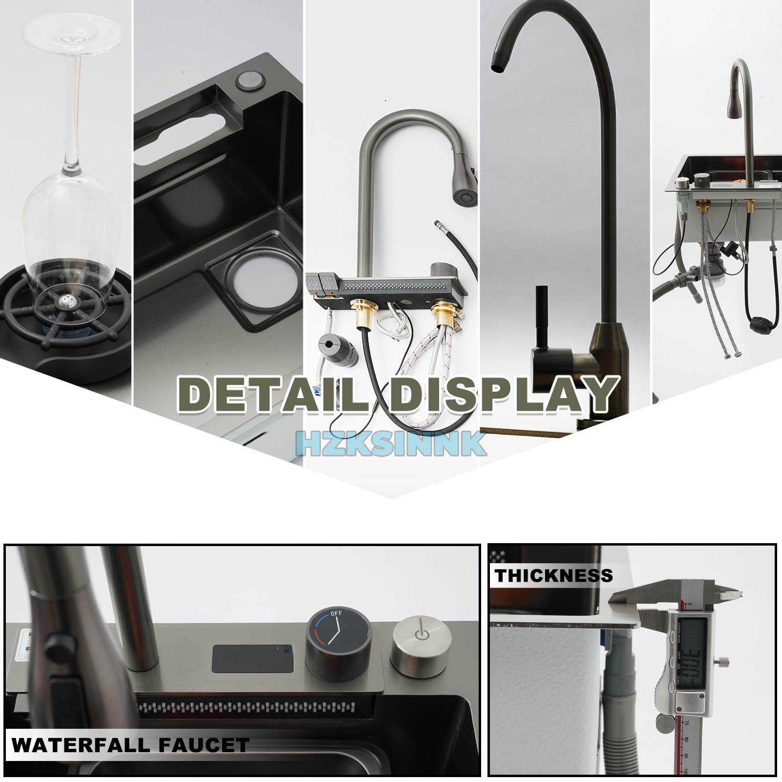 Fregadero de Cocina de 1 Cubeta 68x45 cm, Negro cascada Fregadero de Acero Inoxidable, con Grifo Cocina Extraible, cesta de drenaje, sifón, rebosadero y desagüe así como otros accesorios