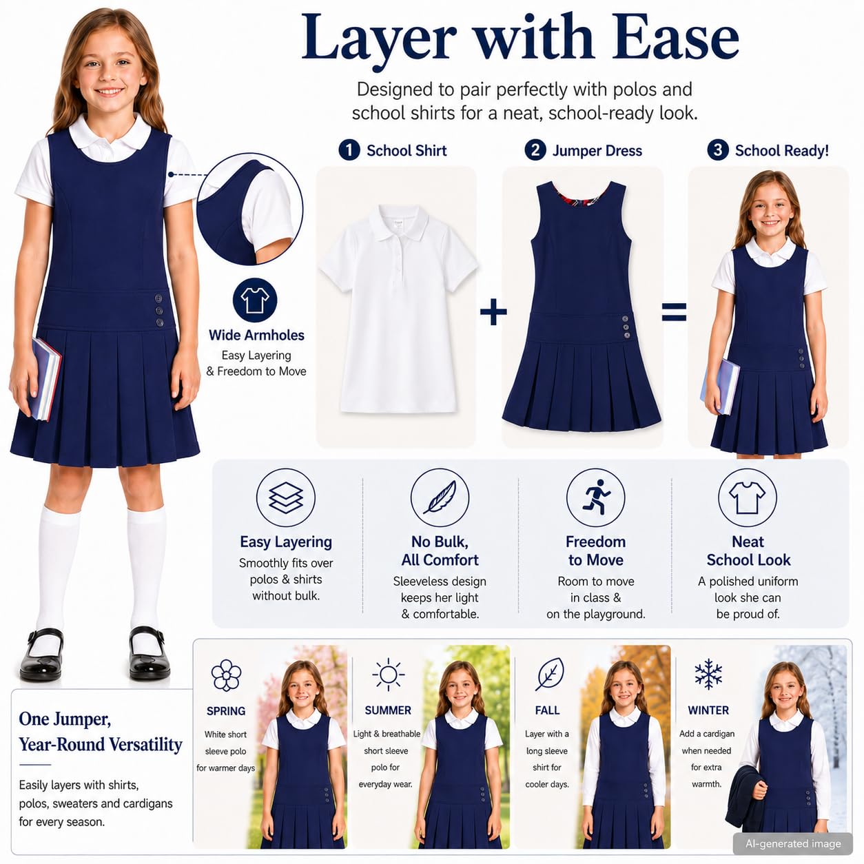 Bienzoe Jersey de uniforme escolar para niñas: vestido sin mangas con dobladillo plisado elástico para niños
