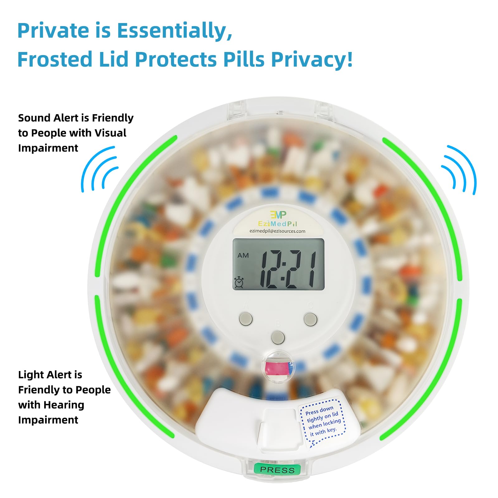 EziMedPil - Dispensador automático de pastillas con alarma, sonido y luz, hasta 6 alarmas/día, 6 plantillas de dosificación, pantalla Ezi-Read, tapa esmerilada y dispensador de medicamentos bloqueado