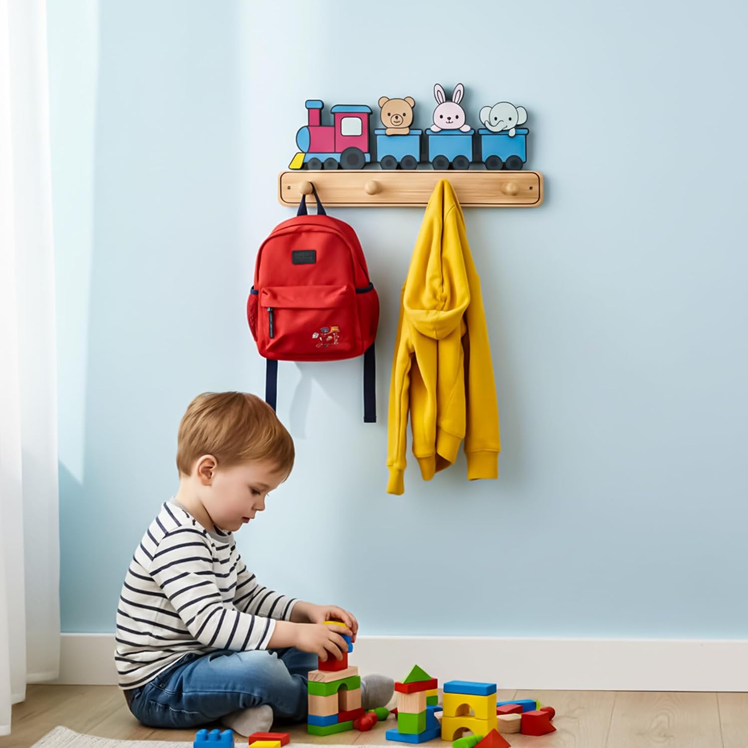 Wooden Cute Train-Shaped Kids Coat Rack Wall Mount for Hanging Hats Keys Holder Towels Clothes Decorative Wood Wall Hooks Hanger