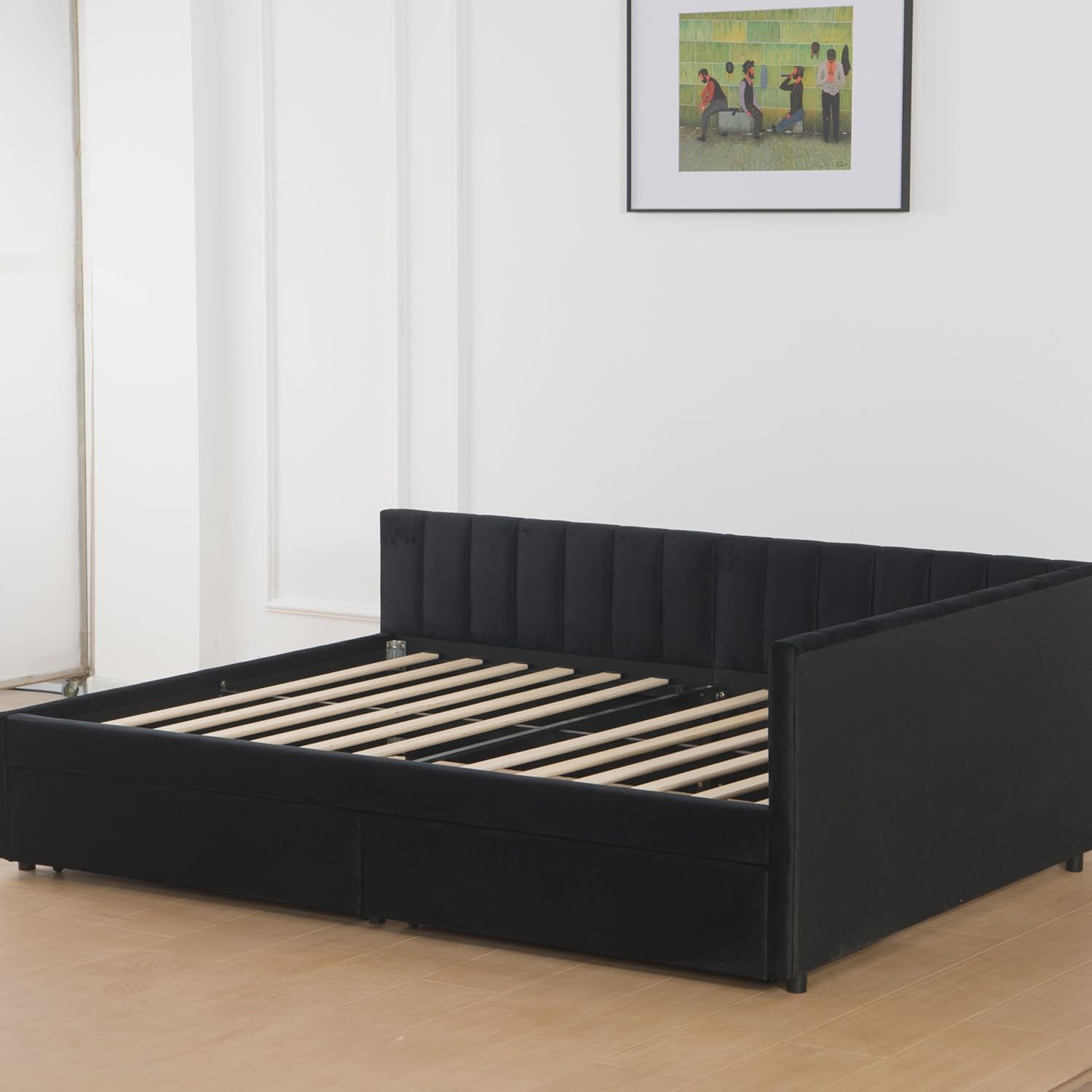 KEIKI Full Size Upholstered Daybed with Storage Drawers, L-Shaped Corner Bed Frame with Velvet Headboard, Modern Space-Saving Captain’s Bed for Living Room or Guest Room, Black