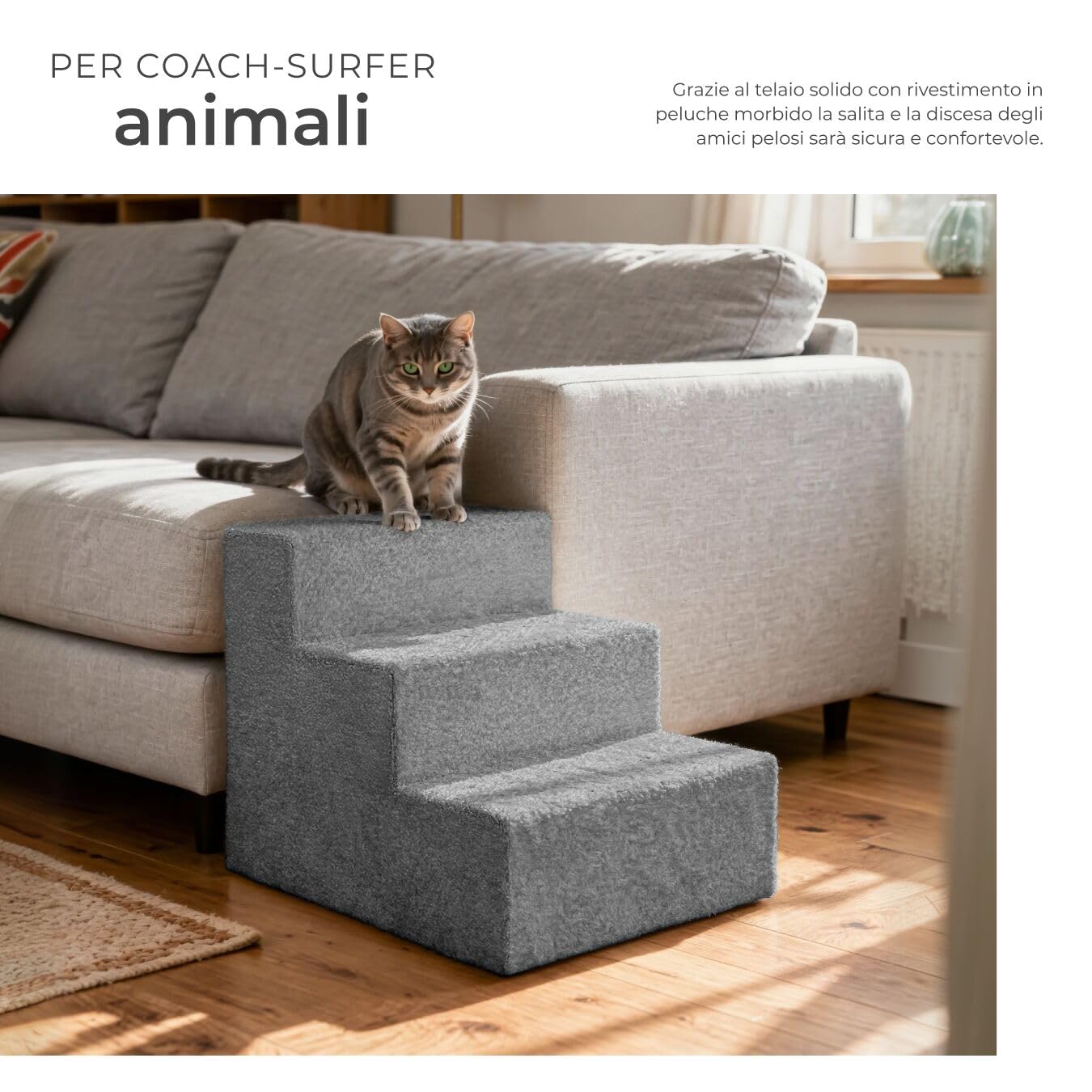 tectake® Scala per Animali Domestici, Altezza 34,5 cm, 3 Gradini, Stabile e Leggera, Rivestimento in Peluche Antiscivolo, Rampa Adatta a Cani e Gatti di Tutte le Taglie, Materiali Robusti - Grigio