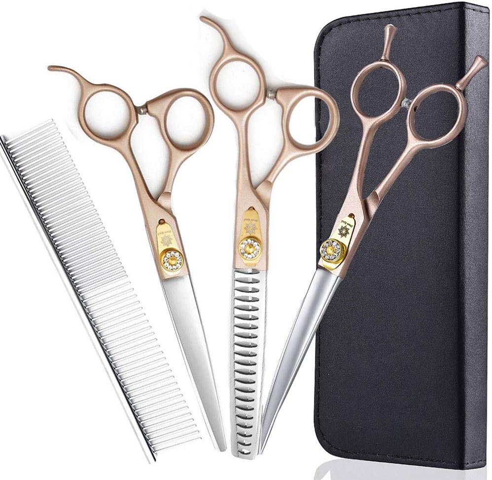 7 Inches Professional Pet Grooming Scissors, 440C Japanese Steel Straight & Curved & Thinning & Chunker Shears/Scissors for Dog Cat and More Pets (7-inch-Grooming Scissors Set 02)