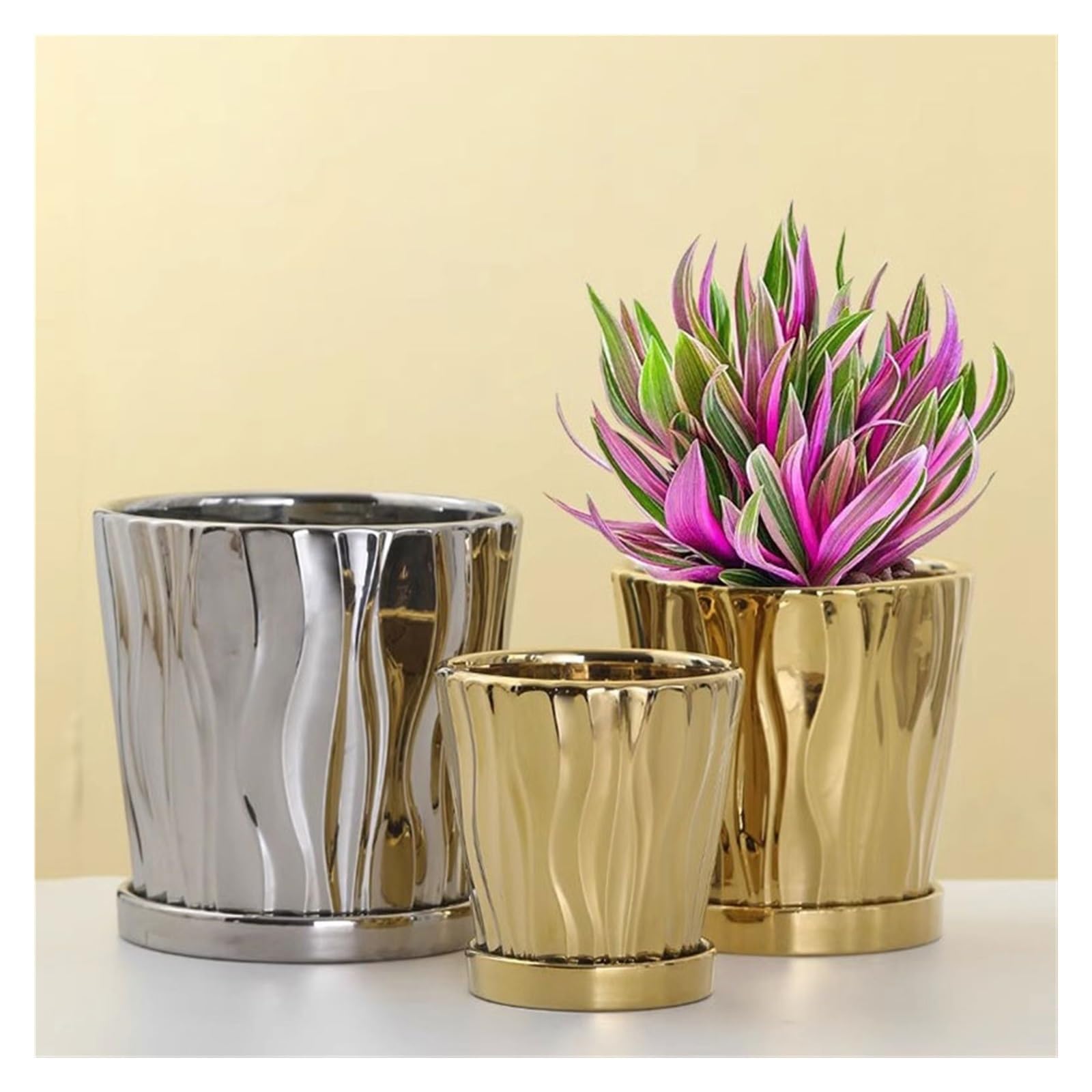 Macetas De Cerámica Sencillas Y Creativas Para Plantas De Interior Y Exterior Con Bandeja Para Decoración Del Hogar Y La Oficina. Bandeja Para Plantas Y Flores. Macetas Con Orificios De Drenaje.