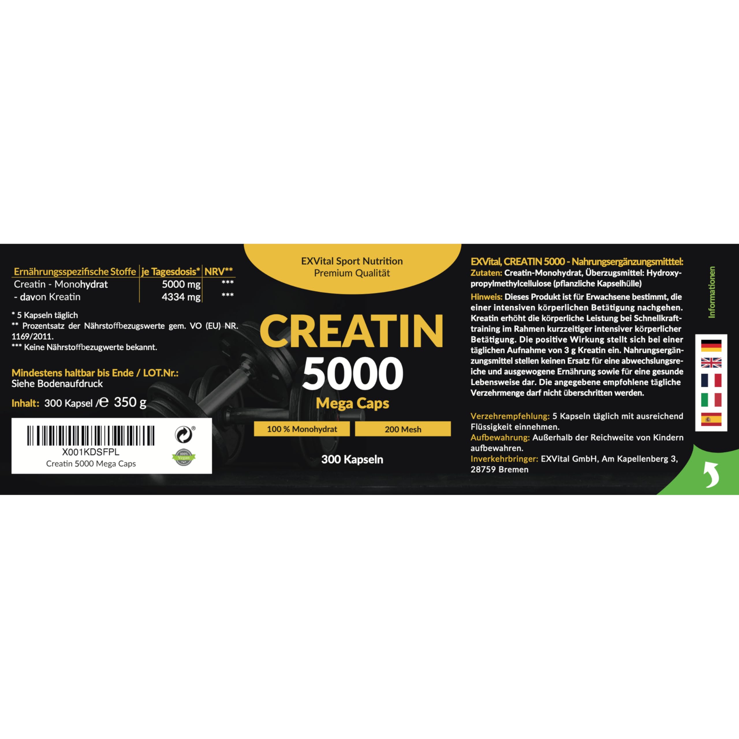 Créatine 5000 Mega Caps, 5000 mg de créatine monohydrate par dose journalière, 300 capsules véganes, 100% pure, Facteur Mesh 200, Végane et testée en laboratoire