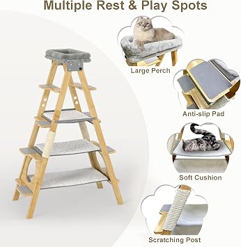 GDLF Modern Wood Cat Tree Foldable Ladder Design with Hammock & Sisal Scratch Post, Solid Wood Tall Tower for Large Cat Easy Clean 60 H