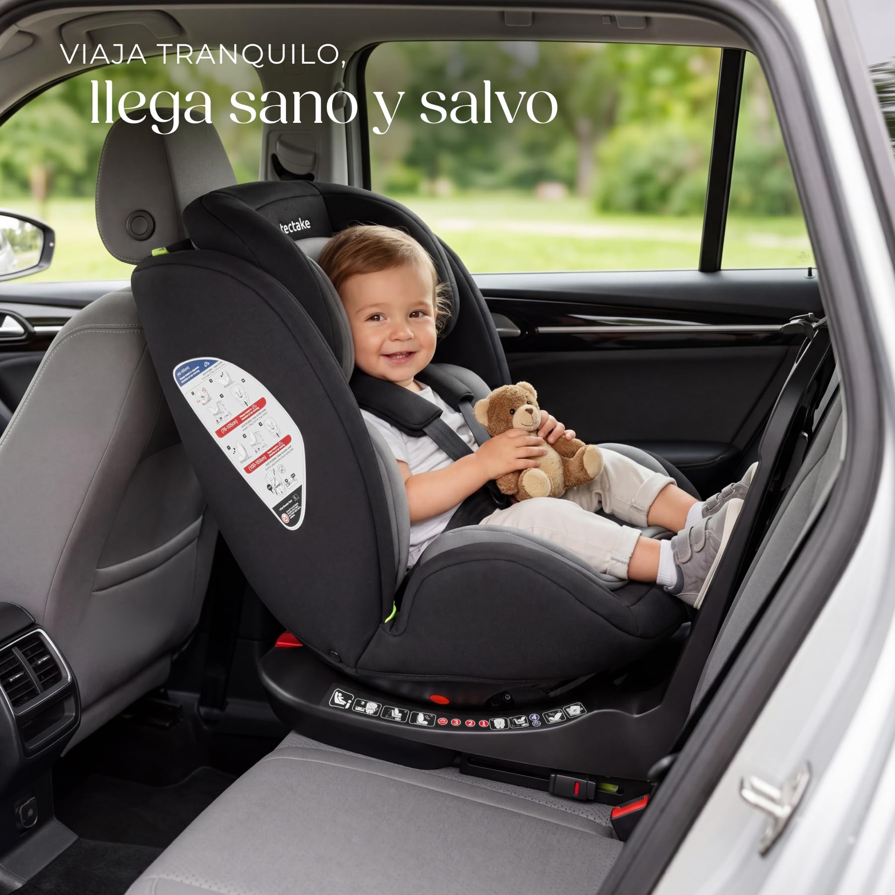 tectake® Silla de Coche Giratoria 360°, Uso Desde el Nacimiento Hasta 150 cm, Homologada i-Size con ISOFIX y Top Tether, Reposacabezas y Arnés de 5 Puntos Ajustables, Protección Lateral, Hasta 36 Kg