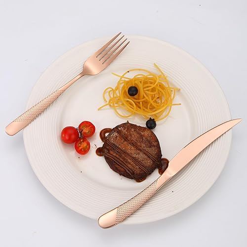 Miniatura 7 de A  HOUSEWARE Hammered Flatware Set Copper Silverware 20 Piece Stainless Steel Service for 4 Forks Knives Spoons Heavy Duty Thickened Handle with