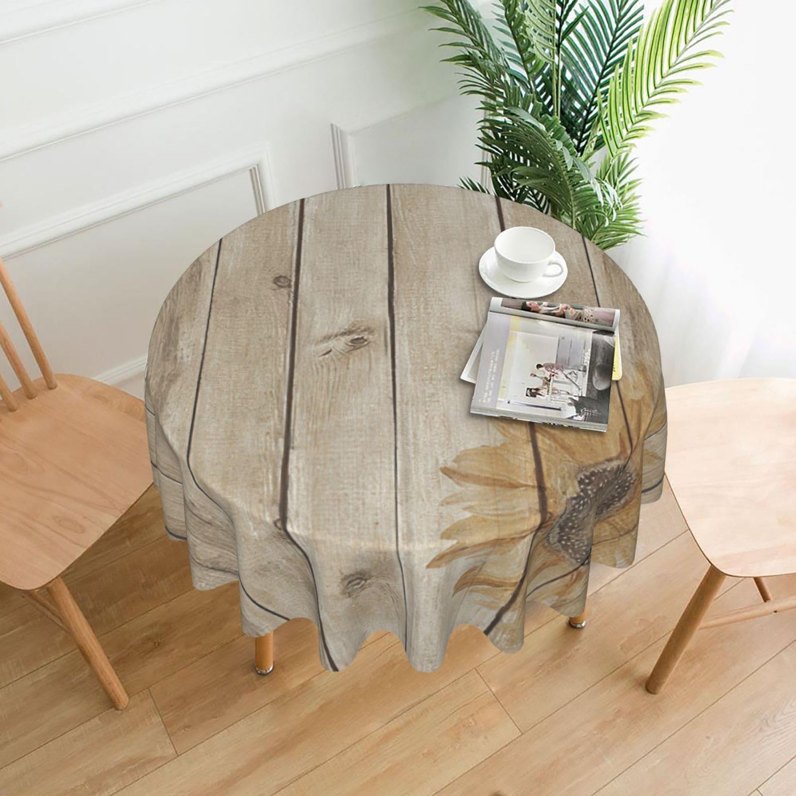 VCzsdff Sunflowers on Wooden Print Stain Resistant Round Tablecloth 60in Family Friendly Polyester Cloth for Kids Meals