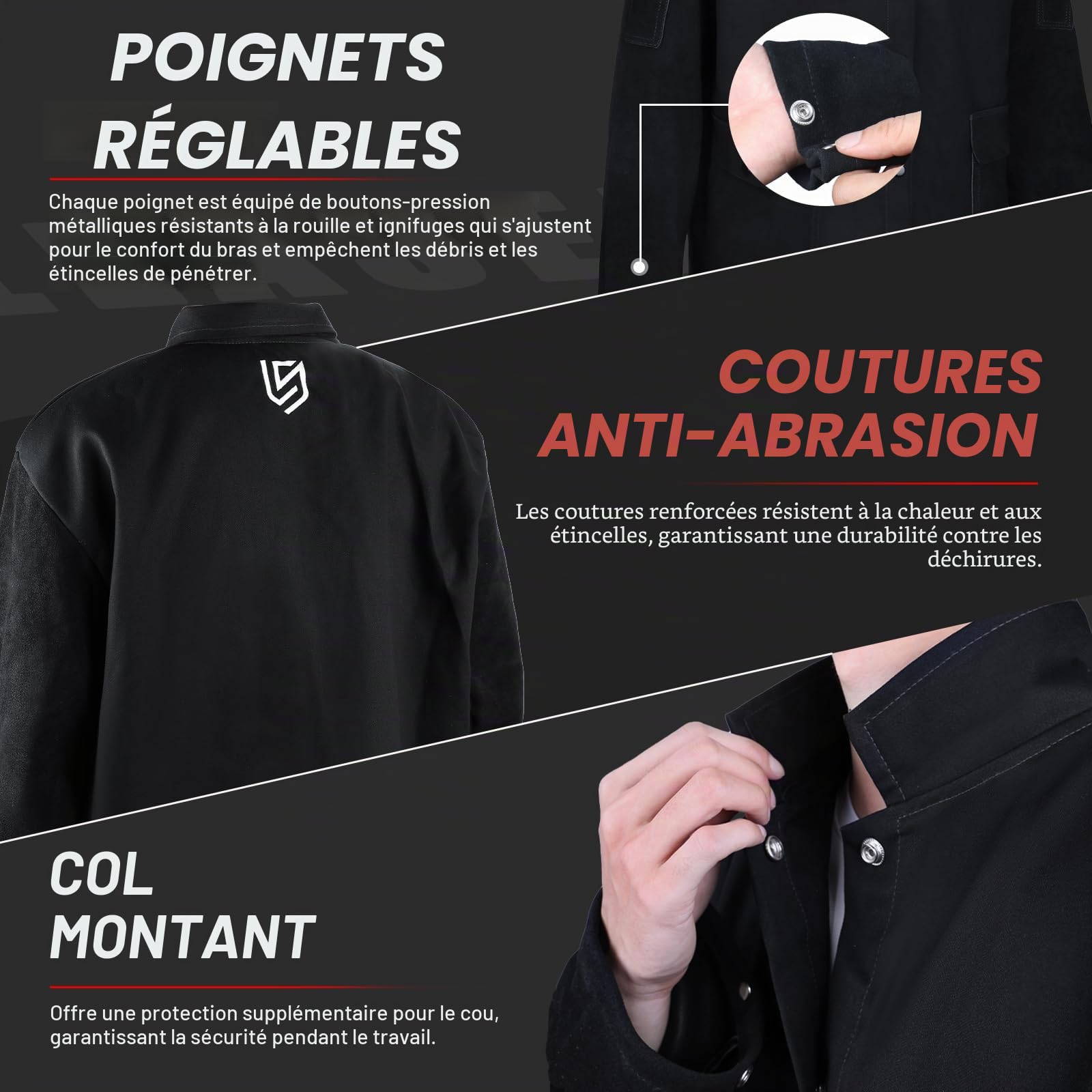 LeaSeek Veste de soudage ignifuge en coton avec manches en cuir, manteau de soudeur de sécurité au travail pour homme et femme