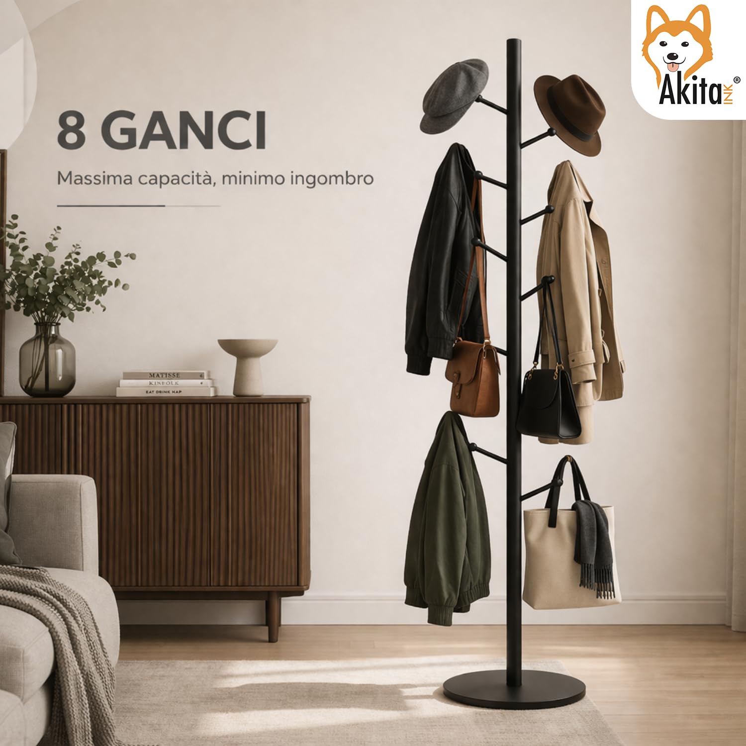 AKITAInk Appendiabiti da Terra a Forma di Albero in Metallo con Base MDF, Attaccapanni con 8 Ganci, Salvaspazio per Vestiti, Cappelli e Borse, Nero, h175 cm