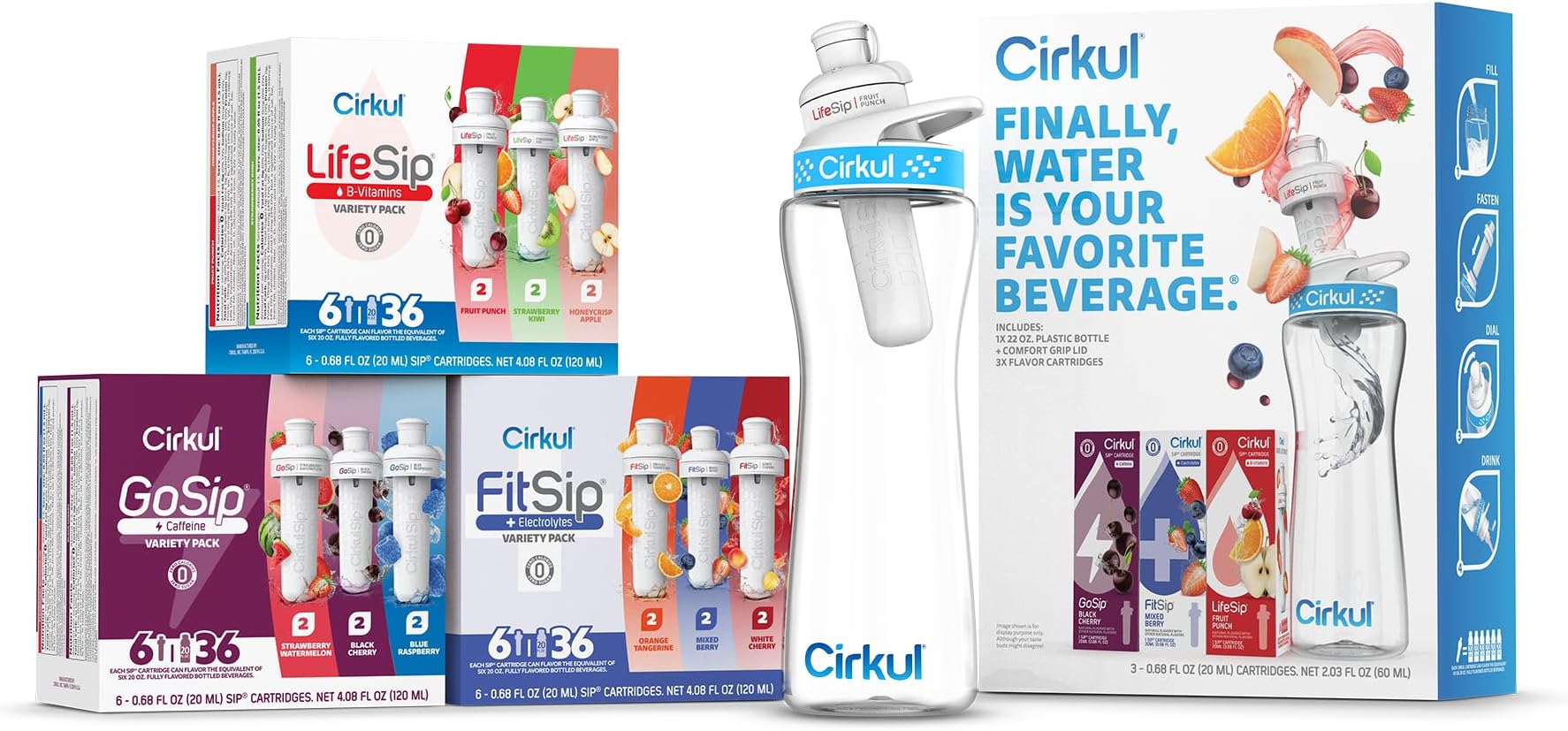Cirkul 22oz. Big Game Bundle BPA-Free Plastic Water Bottle with Blue lid, 3 Flavor Cartridges (LifeSip Fruit Punch, FitSip Mixed Berry, GoSip Black Cherry) & Flavor Cartridge Variety Pack Bundle