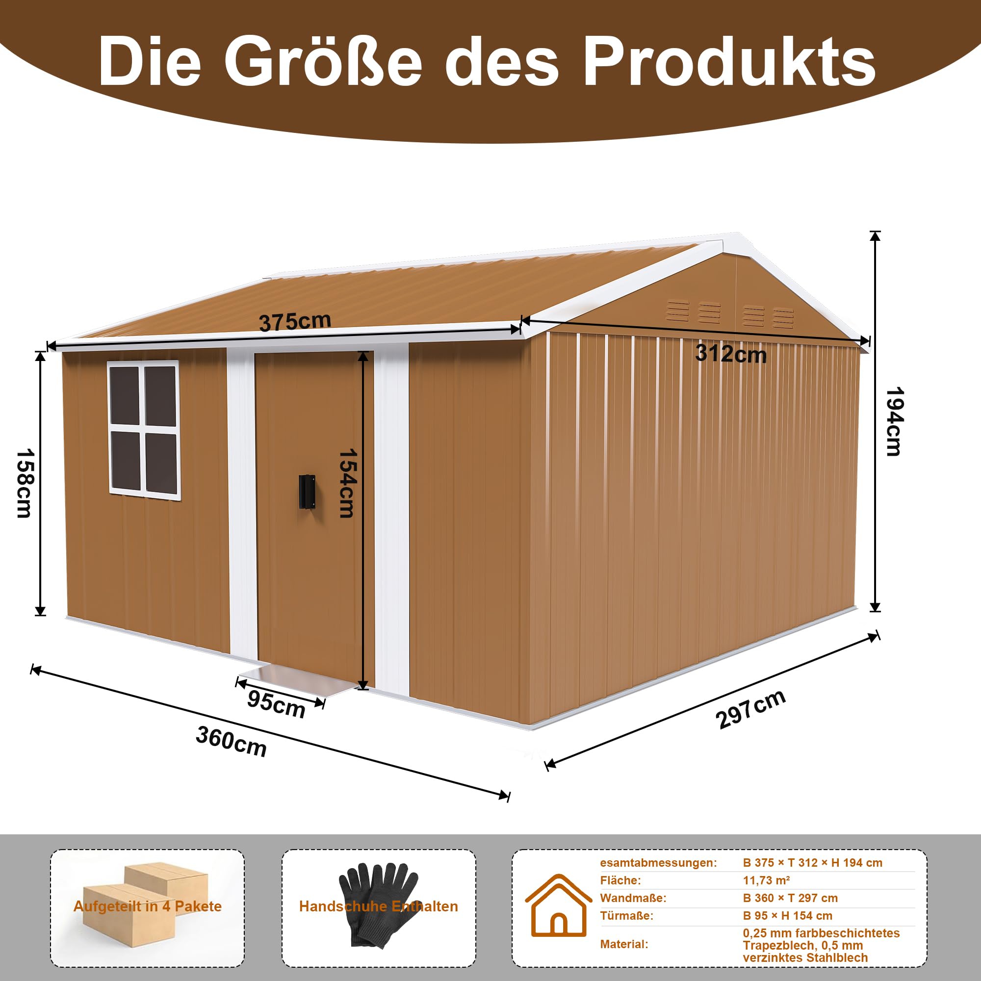 Gartenhaus Metall, 360 x 297 x 194cm, Geräteschuppen Metall | Fenstern, Wasserdicht, Verschließbarer Tür & Belüftung, Ohne Boden