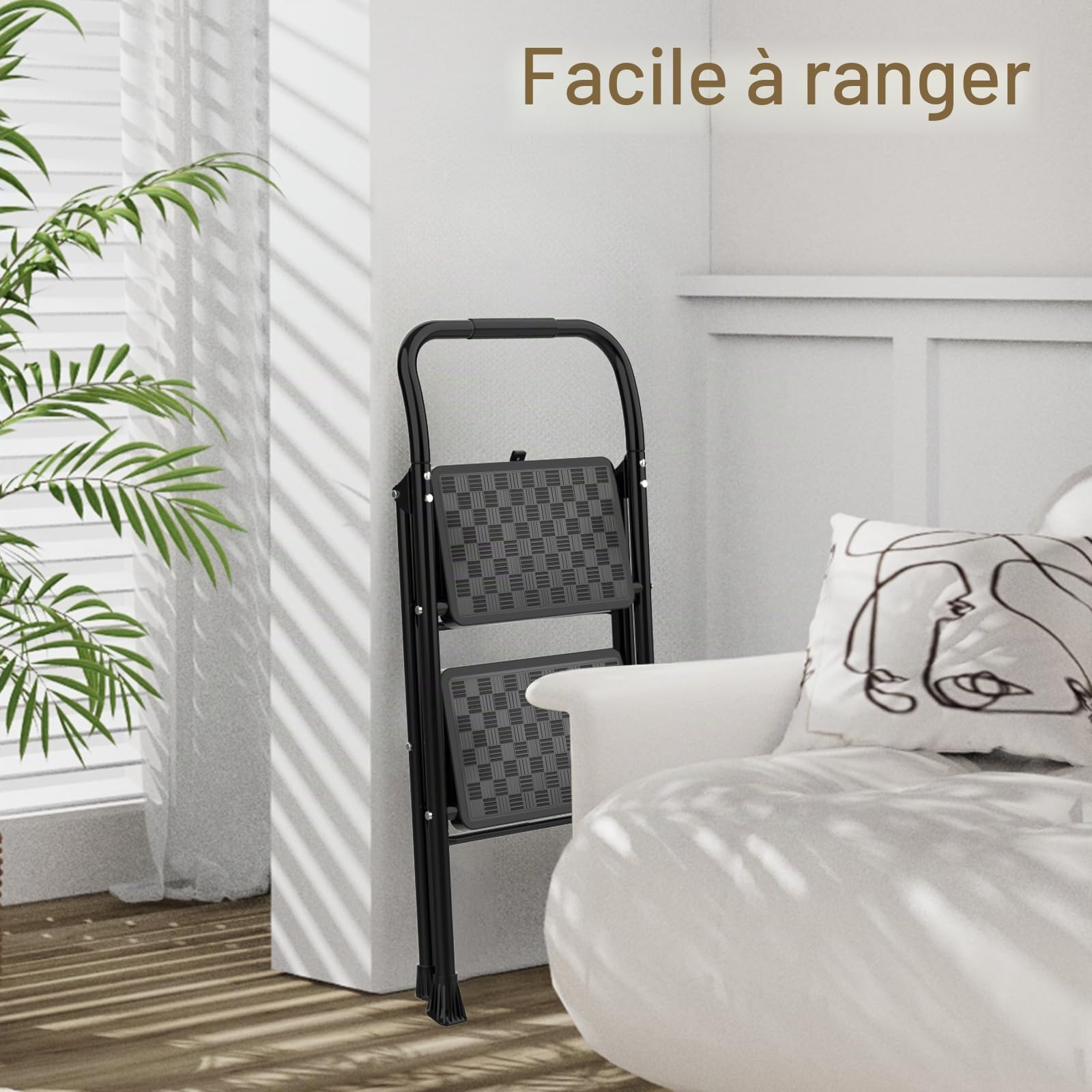 HBTower Escabeau 2 Marches Pliable, Marchepied avec Poignée Rembourrée, Capacité 150KG, Marches Larges Antidérapantes