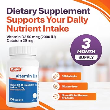 Rugby Vitamin D3 2000 IU (50 mcg) Tablets with Calcium 25 mg, 100 Count
