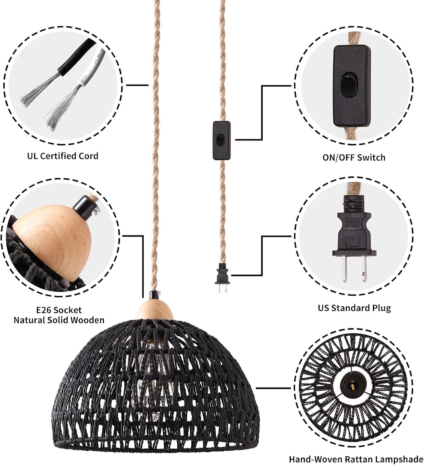 Plug in Pendant Light, Hanging Lamp with Plug in Cord, Hand Woven Rattan Lamp Shade, 15FT Hemp Rope Pendant Lamp Cord with On/Off Switch, Boho Hanging Lights Fixture for Living Room Bedroom