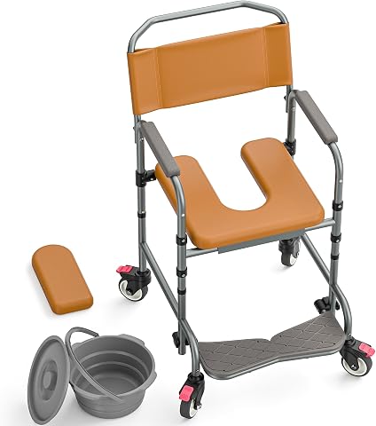 Shower and Commode Chair with Wheels, Footrest, and Convertible Seat
