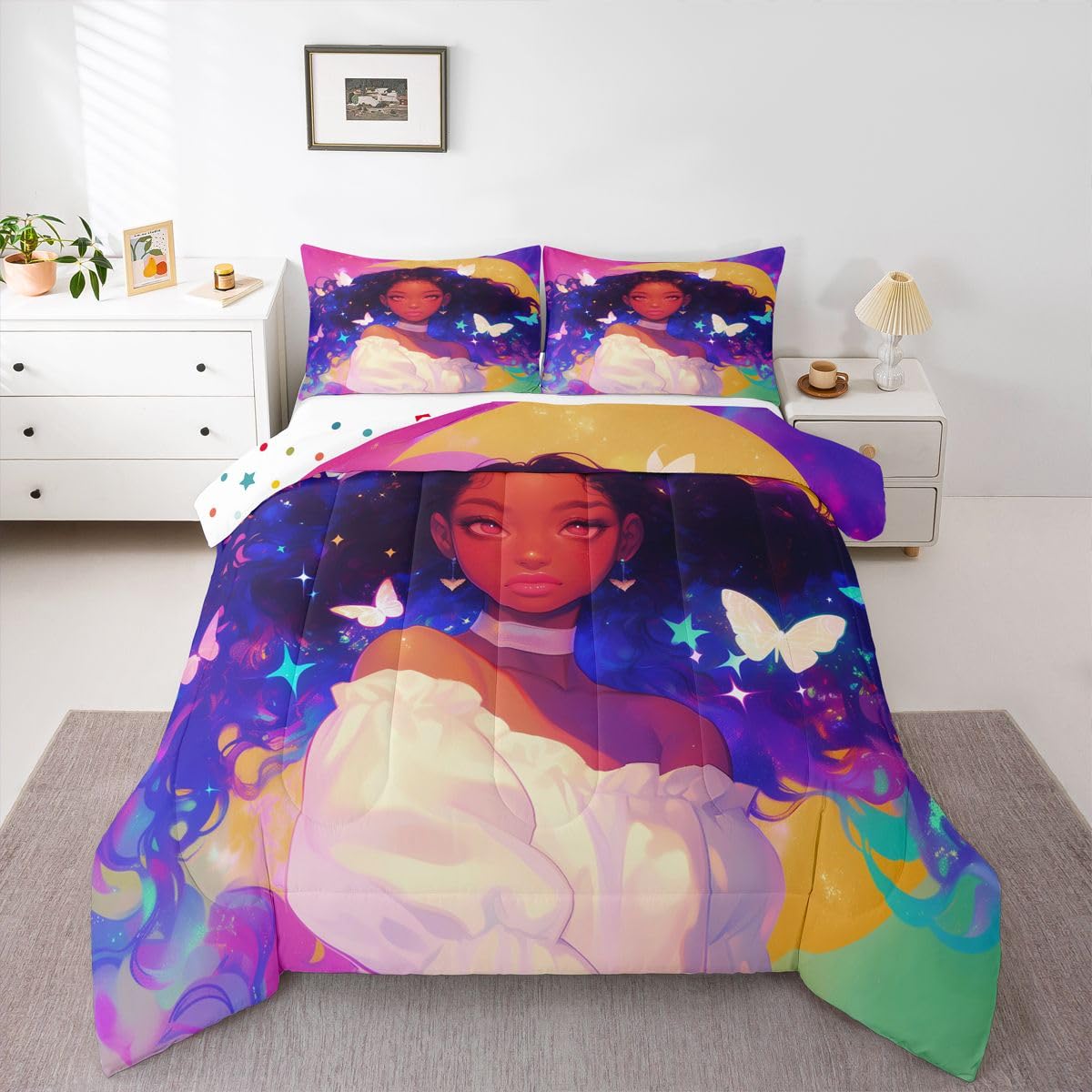 Erosebridal Black Princess Bedding Sets American Afro-Girl Comforter Set Moon Galaxy Girl Butterfly Decorations Bedding Twin, 1 Comforter 1 Pillow Case