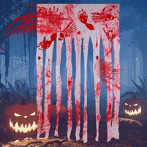 BigOtters 3 piezas de decoración de cortina de puerta de Halloween con impresiones de manos sangrientas, cortina de puerta y calcomanías de pared