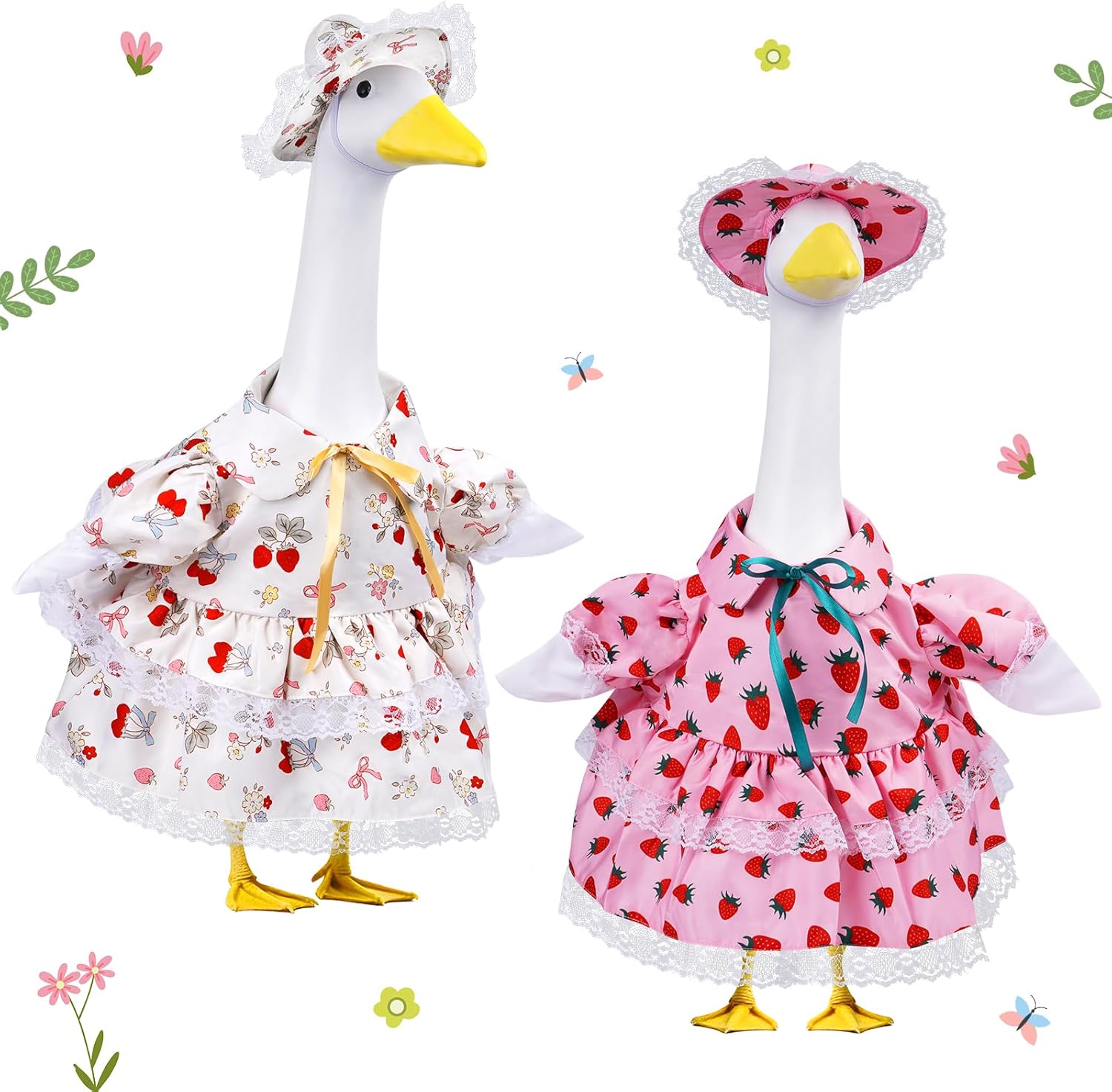 FACULX 2 Set Spring Porch Goose Outfits with Strawberry Hats for 23" Cement Statue for Outdoor Yard Lawn Patio Decoration Cute Garden Art Decor