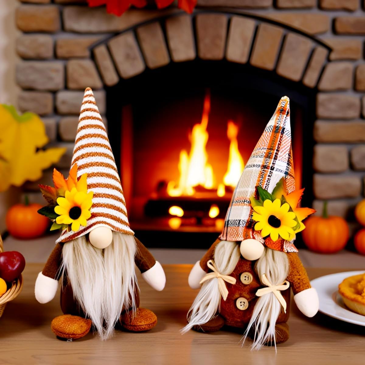 2-Pack Fall Gnomes Decor – 8.26" Thanksgiving Harvest Plaid Gnomes with Maple Leaf & Sunflower, Themed Figurines for Autumn Tabletop,Tray Decor (Maple Leaf & Sunflower Gnomes A) - Image 8