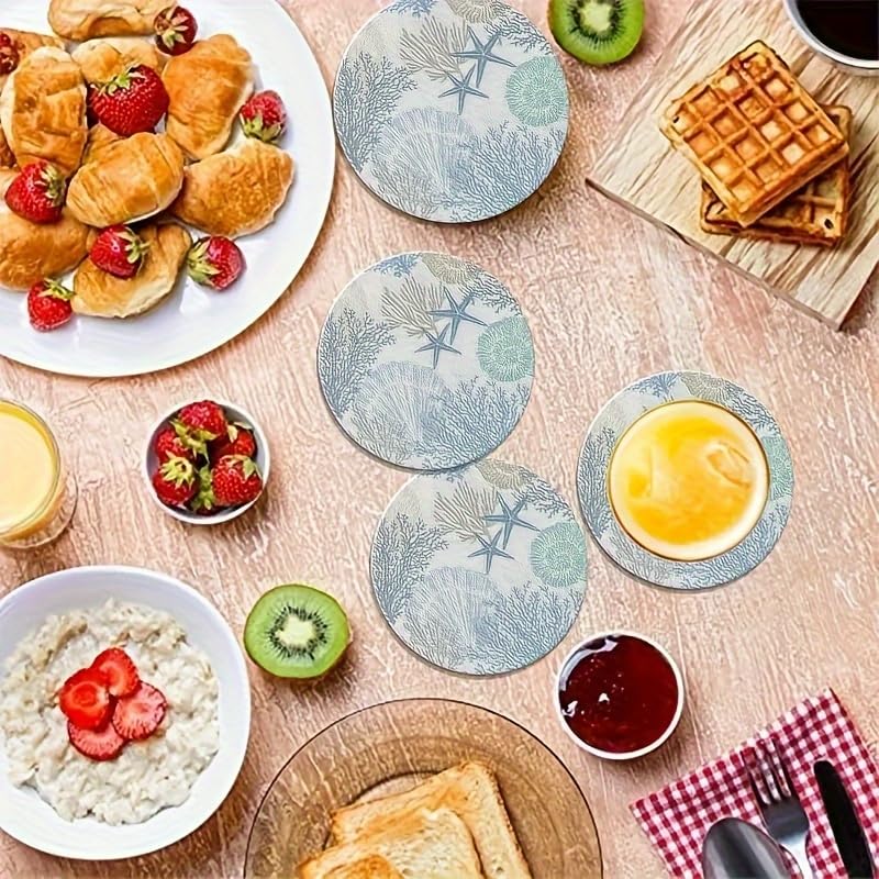 Image of 6pcs Coral Wooden Coaster Set- 4inch Round with Starfish and Patterns, Suitable Hot and Cold Beverage, Coffee Table Decoration, Home Housewarming, Ocean Theme Decoration, Surface,