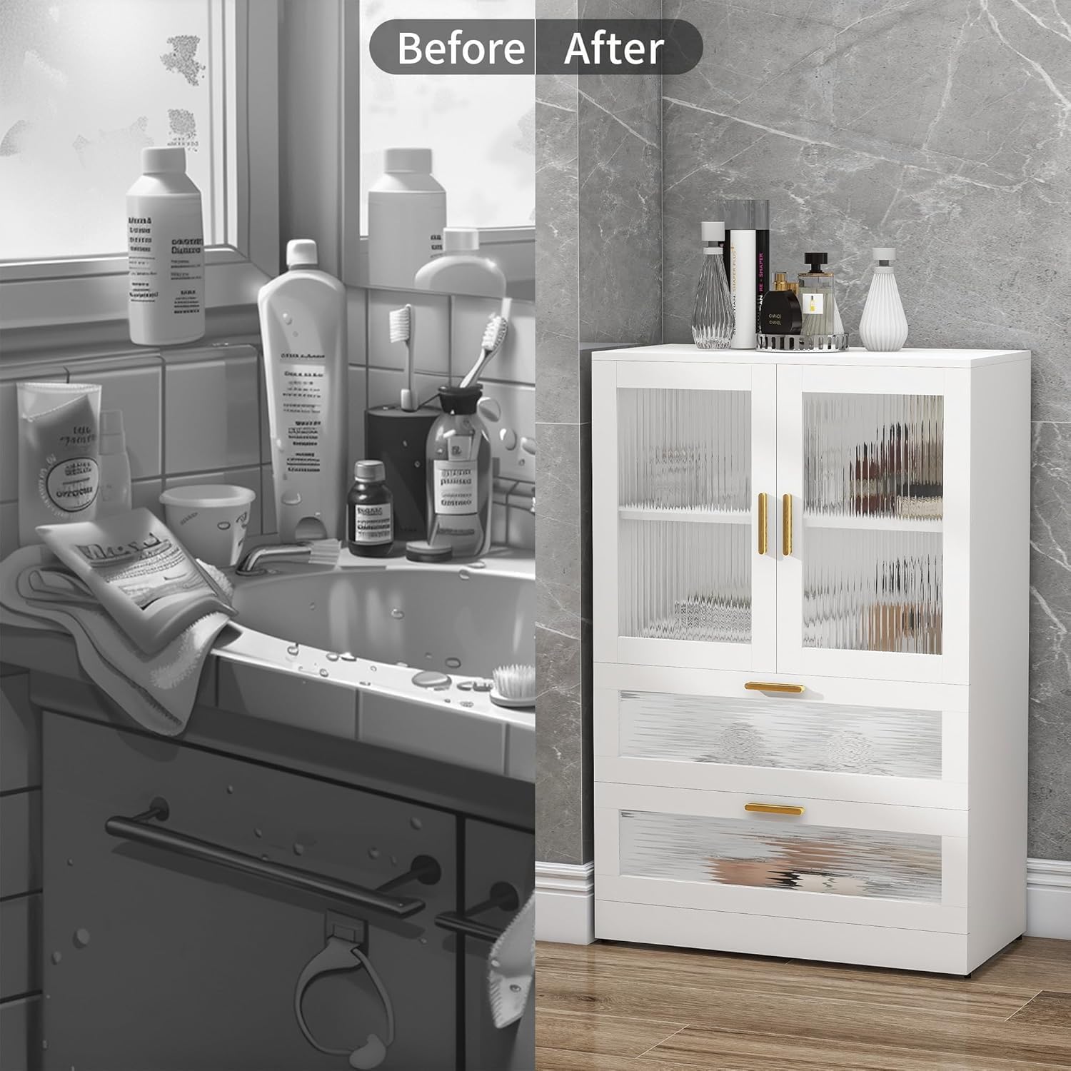 Bathroom Floor Storage Cabinet Freestanding Organizer with Acrylic Doors for Bathroom, Home Office, Bedside, Sofa Side Table