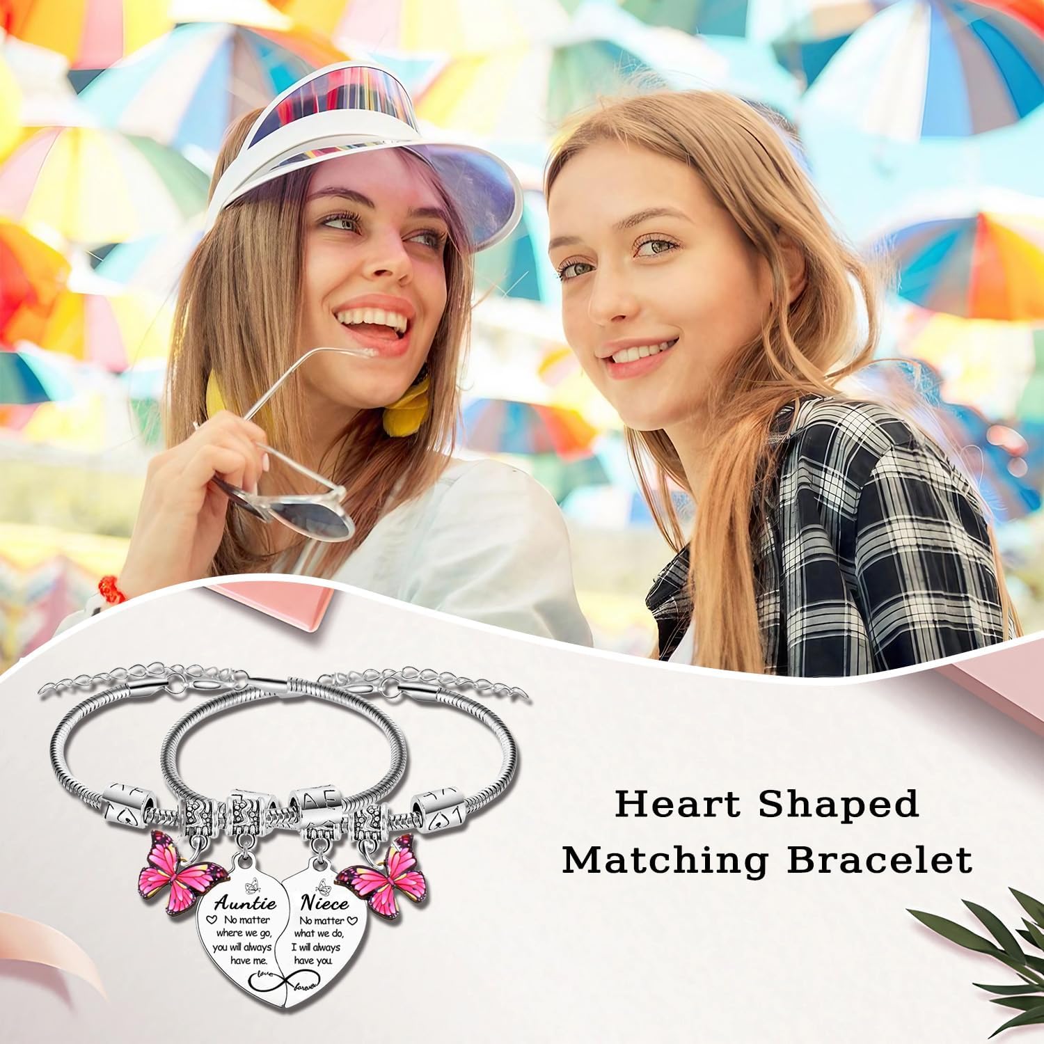 2PCS Auntie Niece Heart Matching Bracelet Gifts for Aunt from Niece Mother’s Day Gifts Butterfly Keyring Christmas Birthday Gift for Auntie Nieces - Image 3