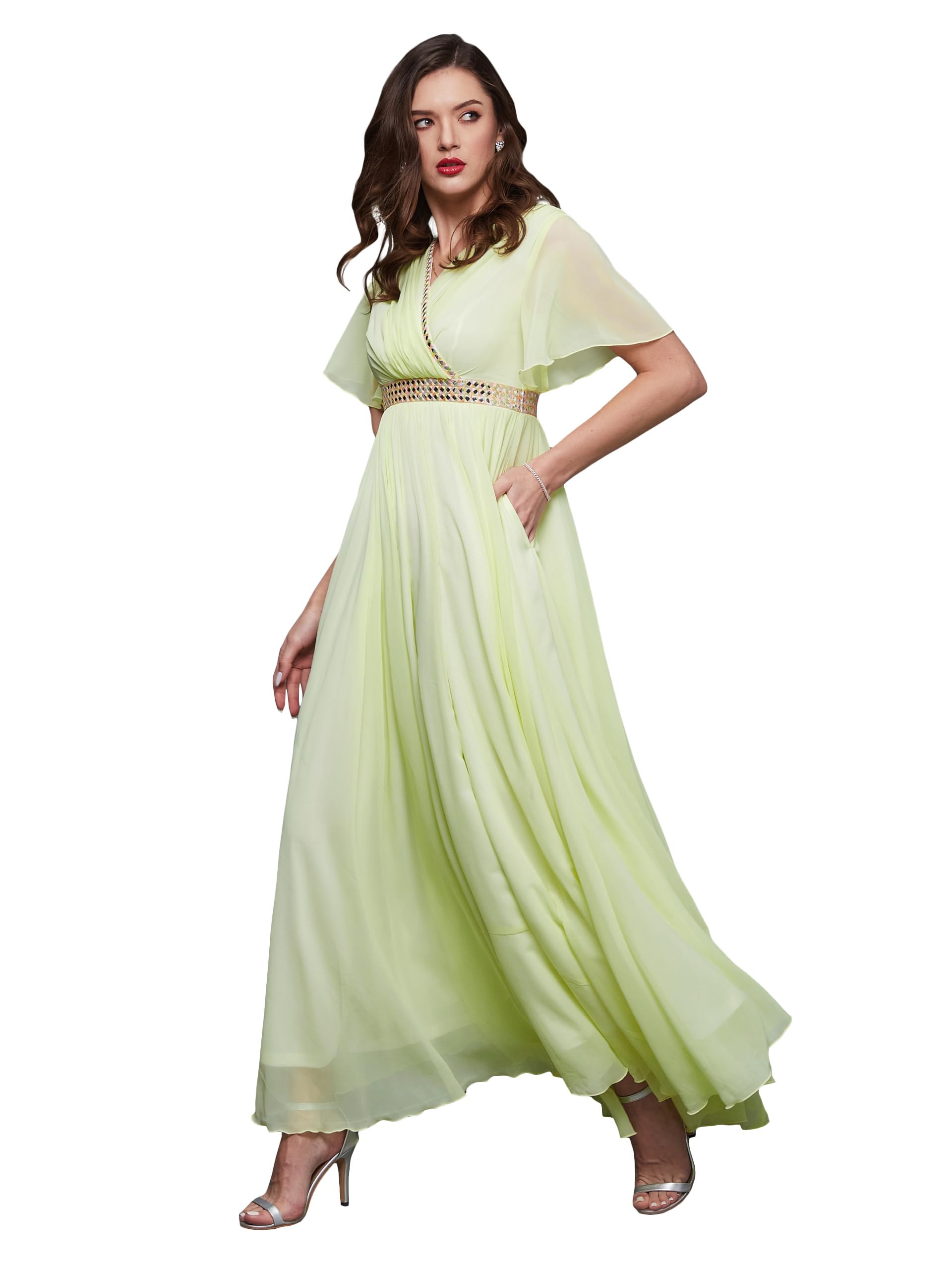 Miss Chase Women's V-Neck Flared/Bell Sleeves Solid Georgette Fit & Flare With Pockets Maxi Dress (Mcss23D06-61-299-02, Lemon Yellow, Xs)