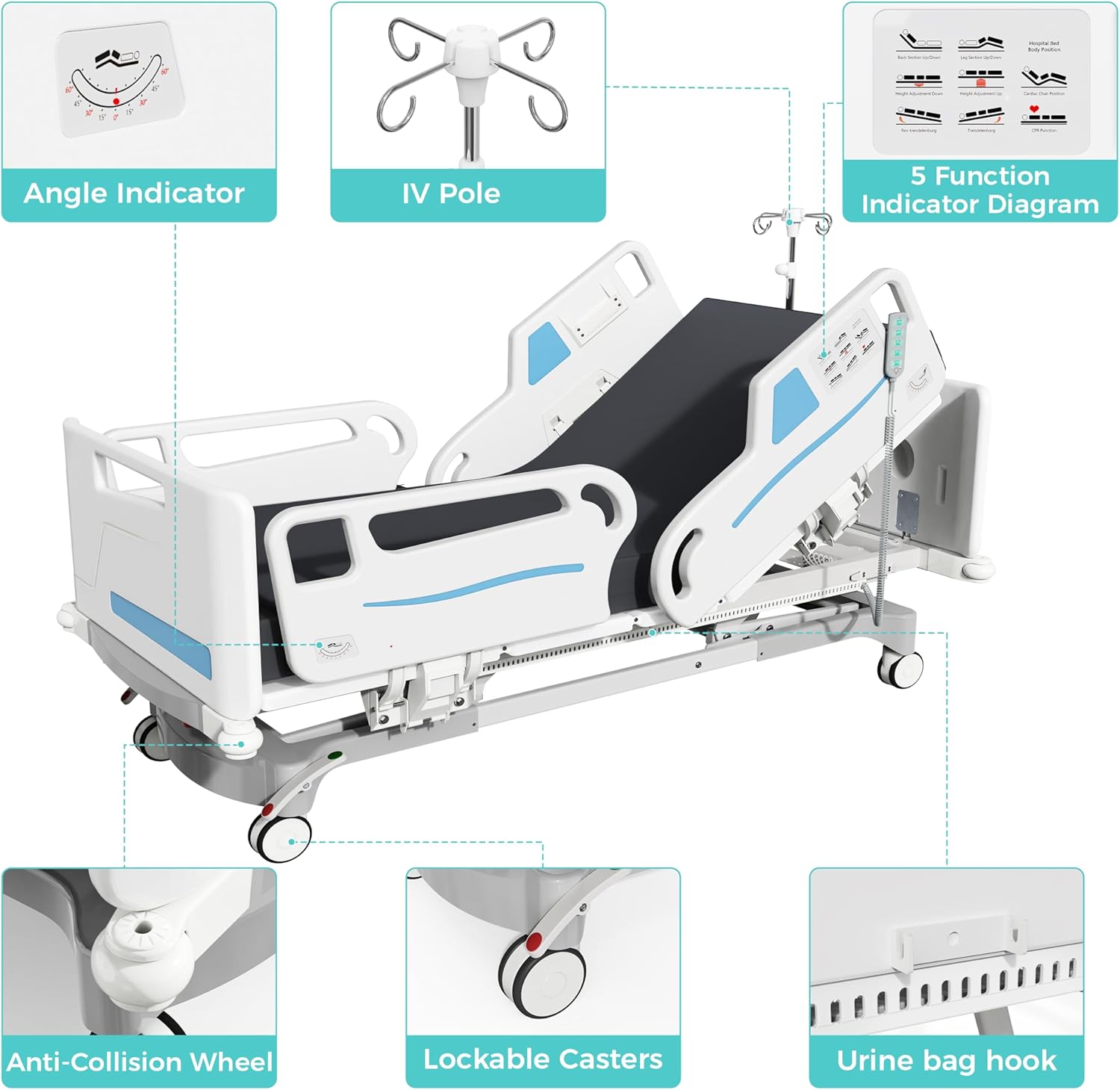 Premium 5 Functions Full Electric ICU Hospital Bed with 4.7" Waterproof Mattress,Adjustable Height 17.7" to 31.9",Central Control System,5" Casters,550 LBS Capacity-Ideal for Home Use