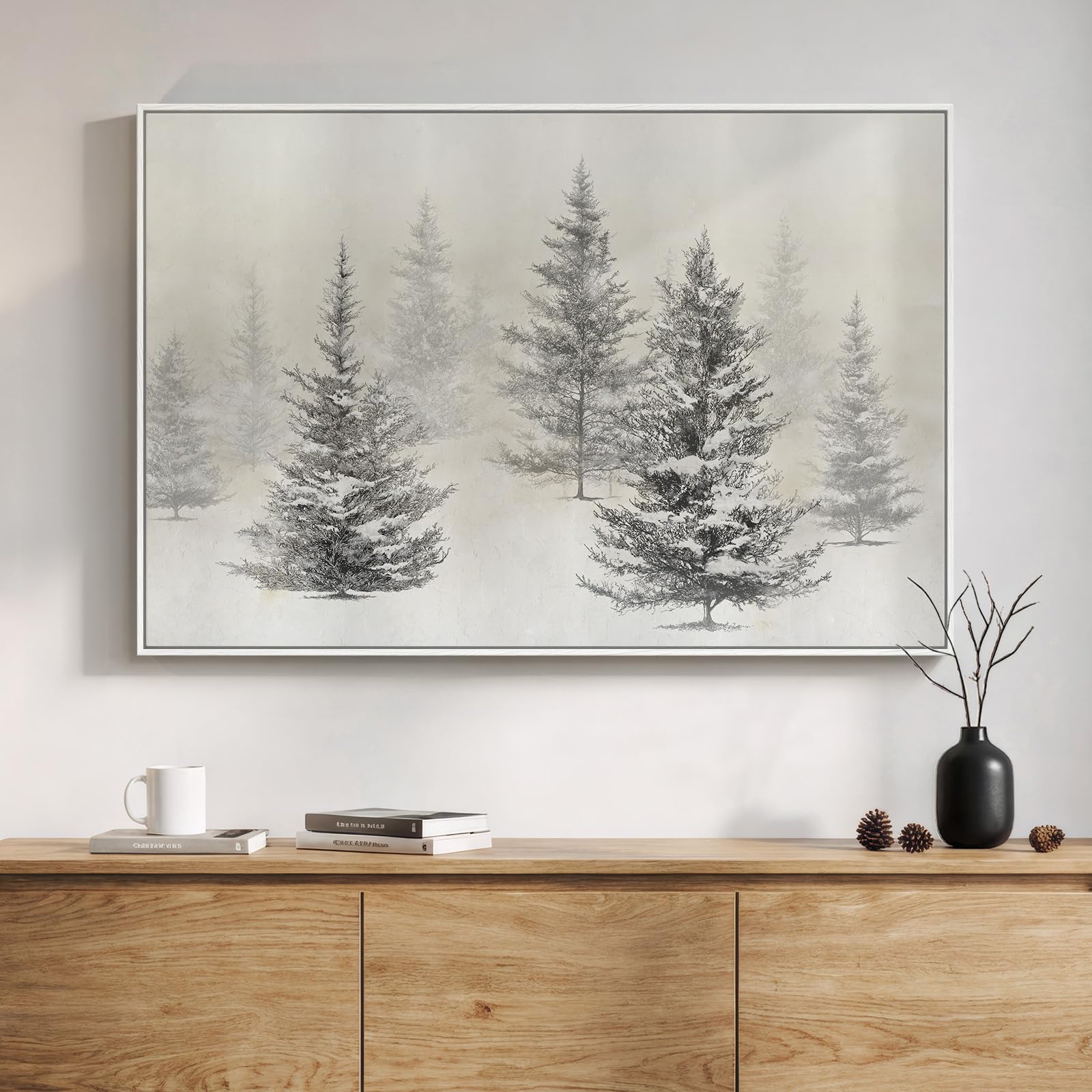 Photo 1 of Framed Black and White Forest Landscape Wall Art, Modern Minimalist Pine Tree Canvas Art Prints, Contemporary Nature Pictures Wall Decor for Living Room Bedroom Dining Room Hallway Office 24x36 In