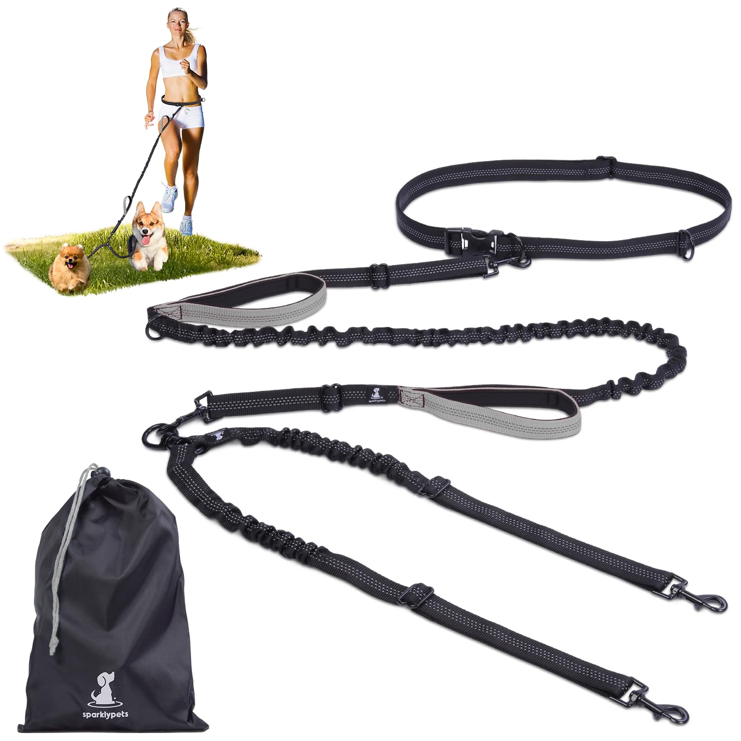 SparklyPets - Laisse Mains Libres pour 2 Chiens de Petite Taille - Harnais Professionnel avec Coutures réfléchissantes pour Entraînement, Marche, Jogging, Course à Pied