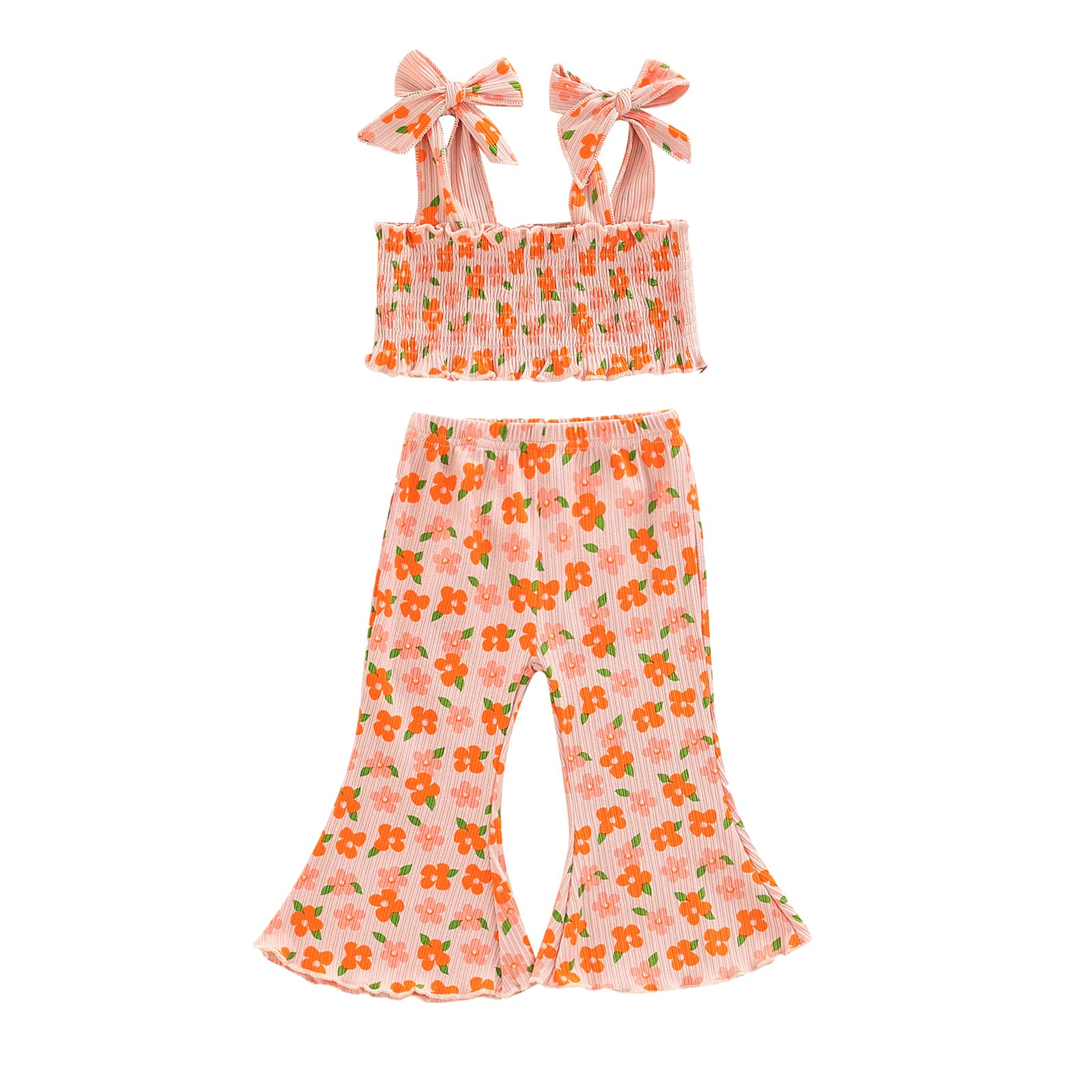 EmmababyToddler Girl Bell Bottom Romper Baby Floral One Piece Ribbed Cotton Jumpsuit Flare Pants Overalls Summer Playsuit