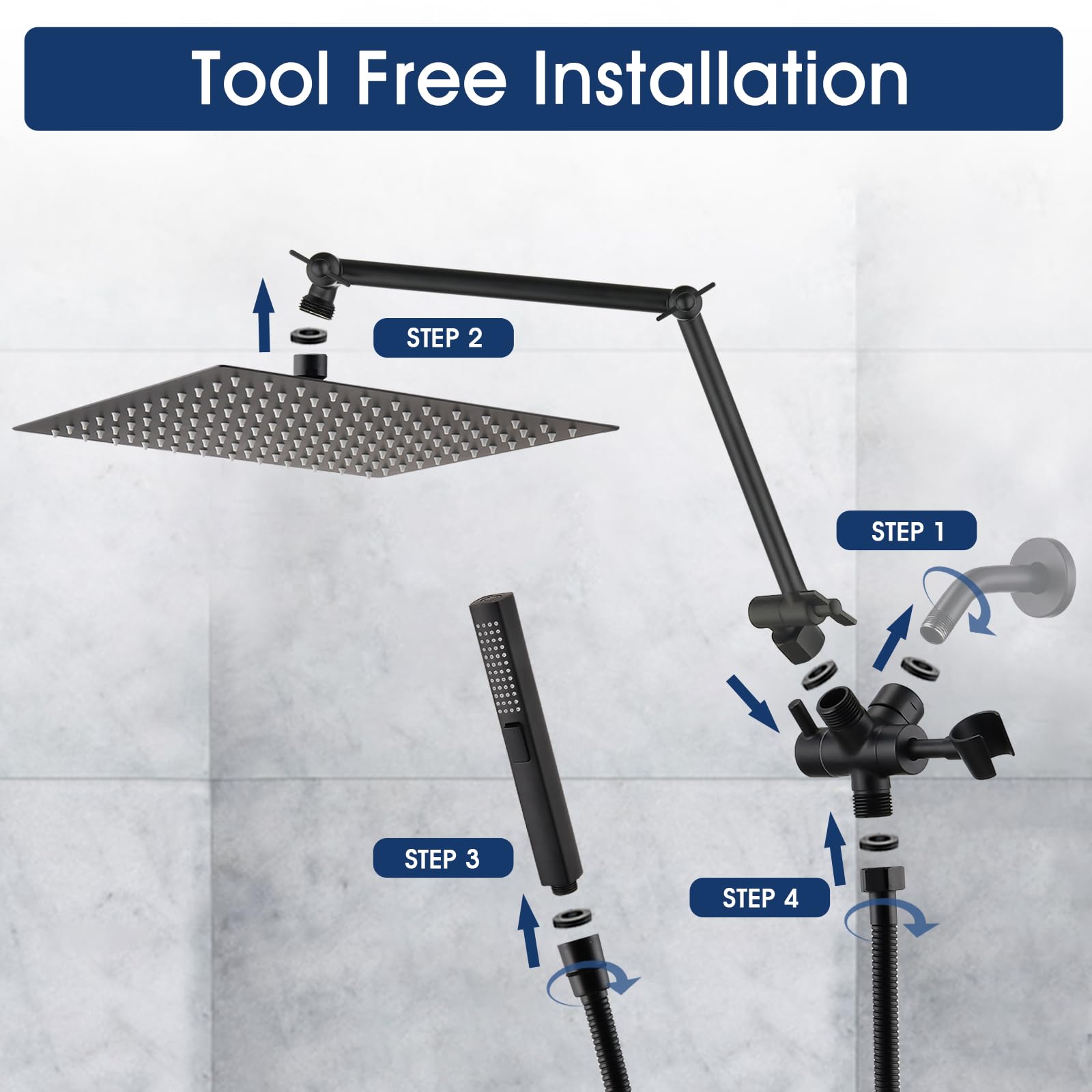 PDPBath Cabezal de ducha de lluvia de metal con rociador de mano, cabezal de ducha de lluvia de alta presión de 12 pulgadas con brazo de extensión ajustable de 16 pulgadas, manguera extra larga de 79