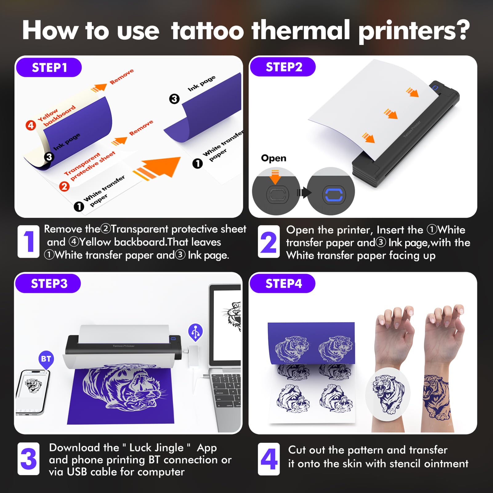 Bisofice A46 Tattoo Drucker Bluetooth Stencil Drucker mit 10pcs Transferpapier, Thermodrucker Tattoodrucker Kompatibel mit Smartphone, Android iOS Mac Windows