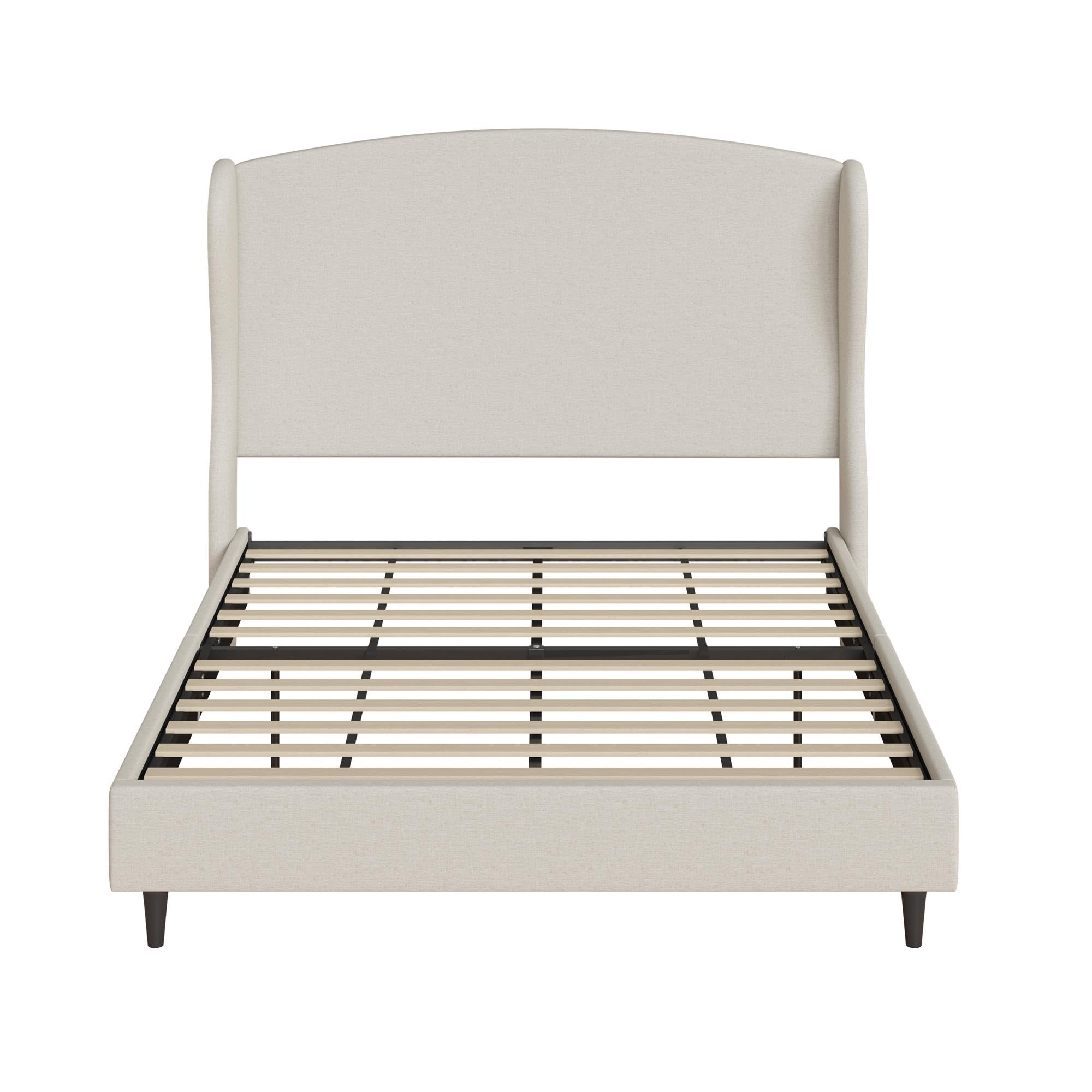 Assembled bed frame without mattress, showing the headboard, side rails, and slat system