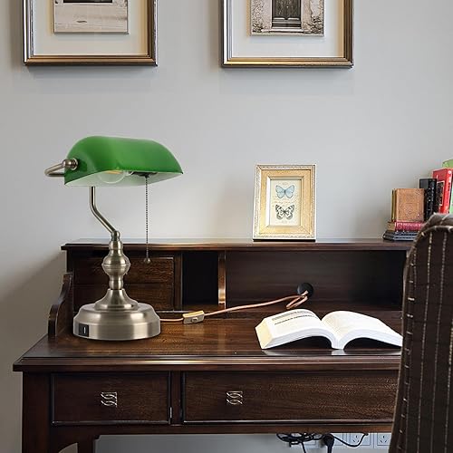 Miniatura 7 de Lámpara de escritorio de banquero de cristal verde, lámparas antiguas de escritorio de banquero, lámpara tradicional de biblioteca con puerto de