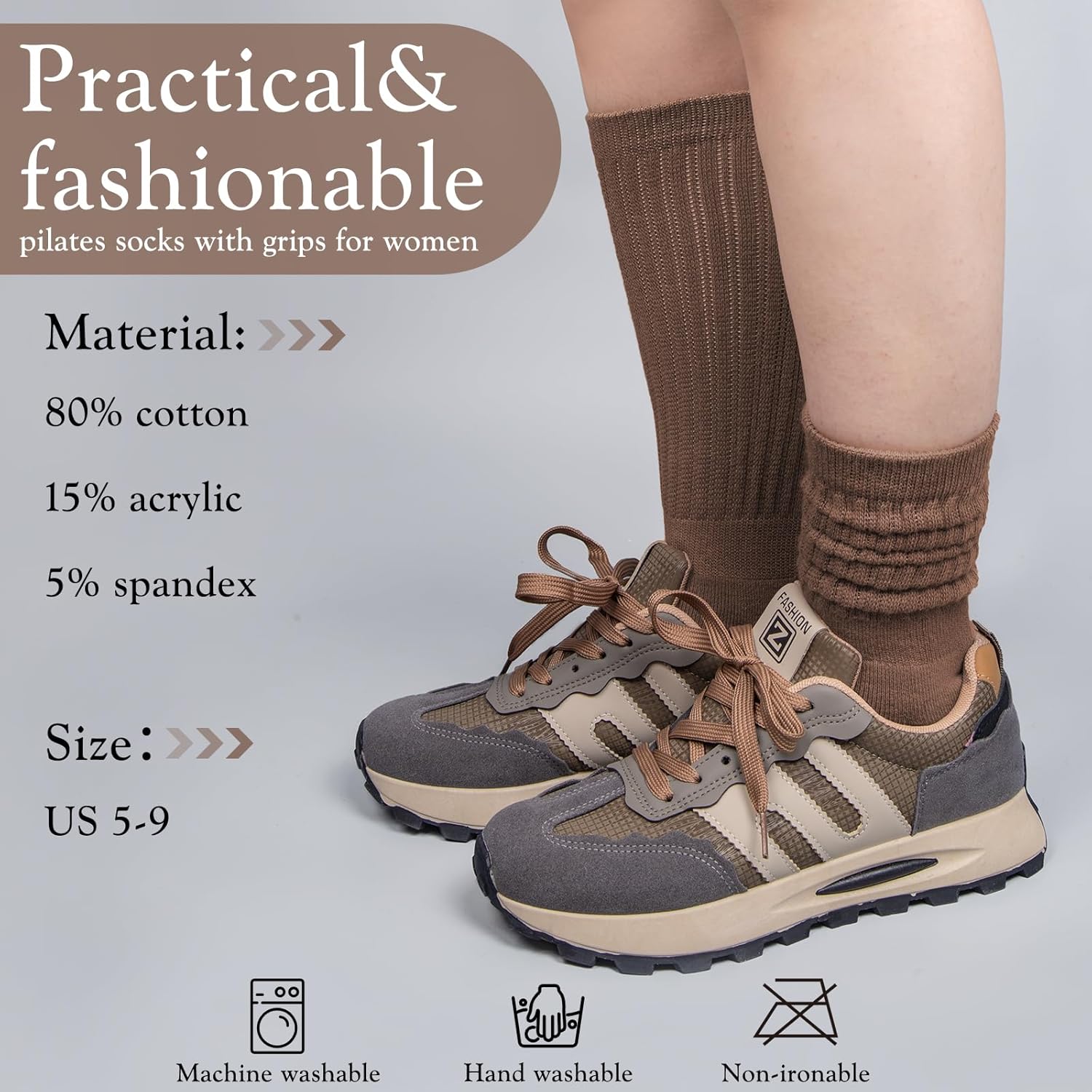 4 Pairs Grip Pilates Socks for Women Yoga Scrunch Slouch Non Slip Long Socks with Grippy Pilates Barre Workout Slipper 5-9 - Image 5