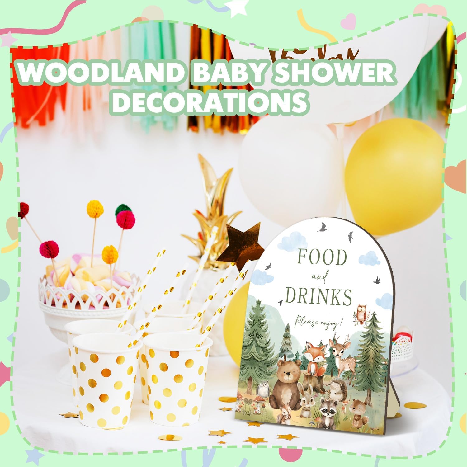 Woodland Baby Shower Table Decorations,Food and Drinks Wooden Arch Sign with Stand,Rustic Forest Animal Buffet Table Sign, Gender Reveal and Baby Shower Food Display,Dessert Table Decoration,8x10 Inch image 5