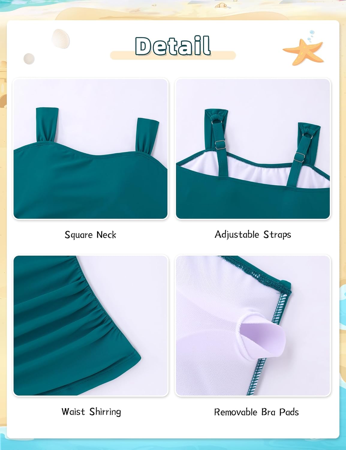 Girls Tankini Swimsuit Solid Ruched Side Square Neck Top with Tropical Printed Shorts 2 Piece Girls Bathing Suits - Image 5