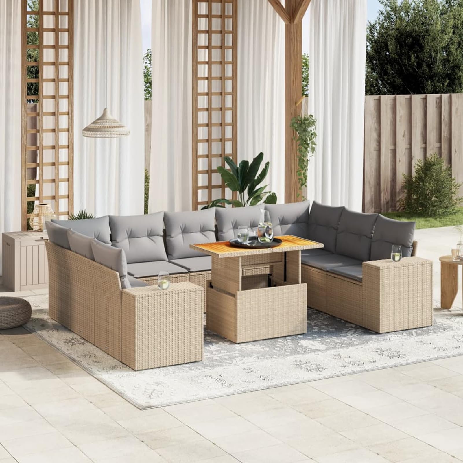 Set Divano da Giardino 10 pz con Cuscini Beige in Polyrattan,Set di Conversazione per Patio,Set Salotto da Esterno,Set Divano da Giardino Esterno-3272781
