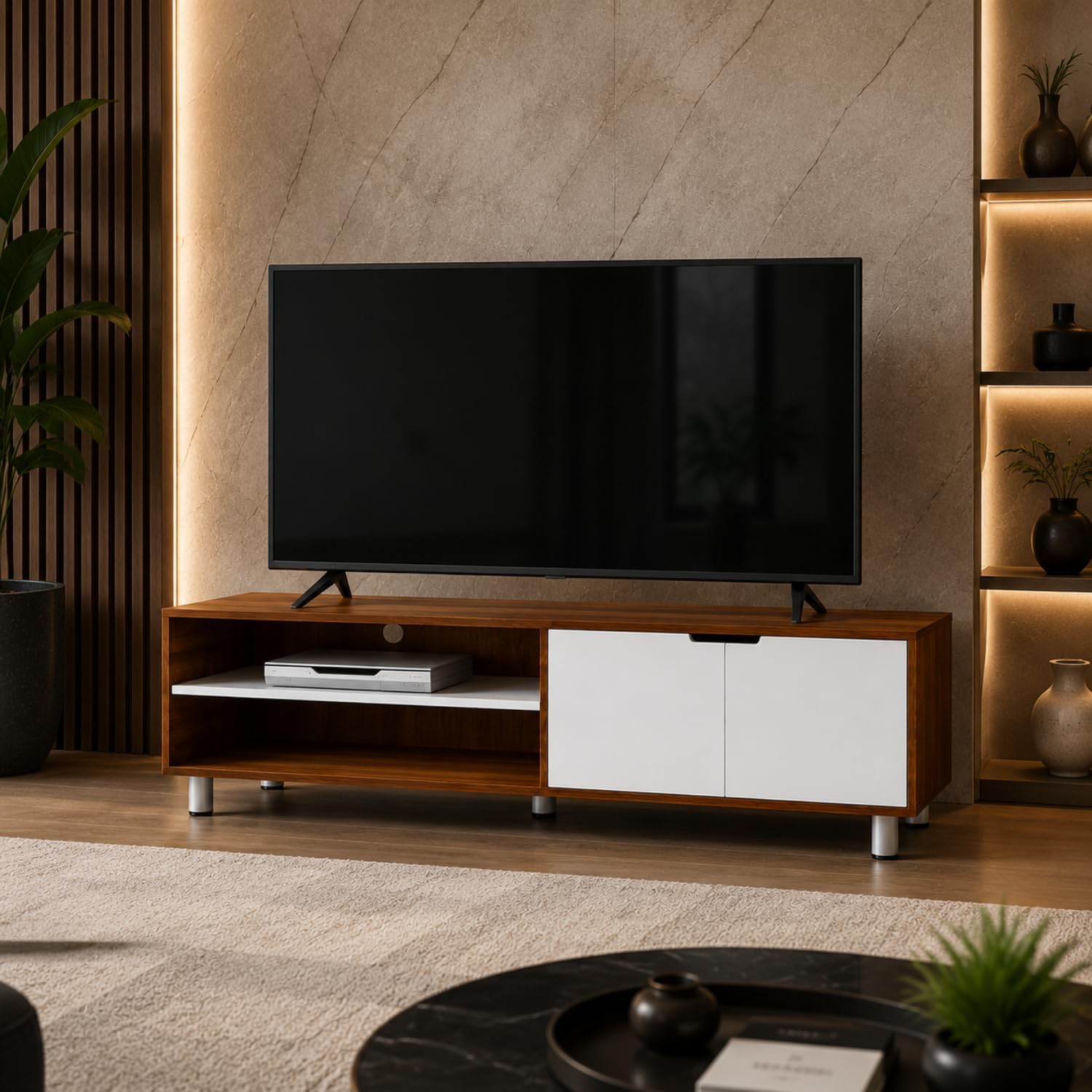 GRATUS Duston Engineered Wood Wall Mount TV Unit | Modern Entertainment Cabinet with Set Top Box Shelf | Space Saving TV Stand | Dual Tone Walnut & White Finish | DIY Assembly-image-22