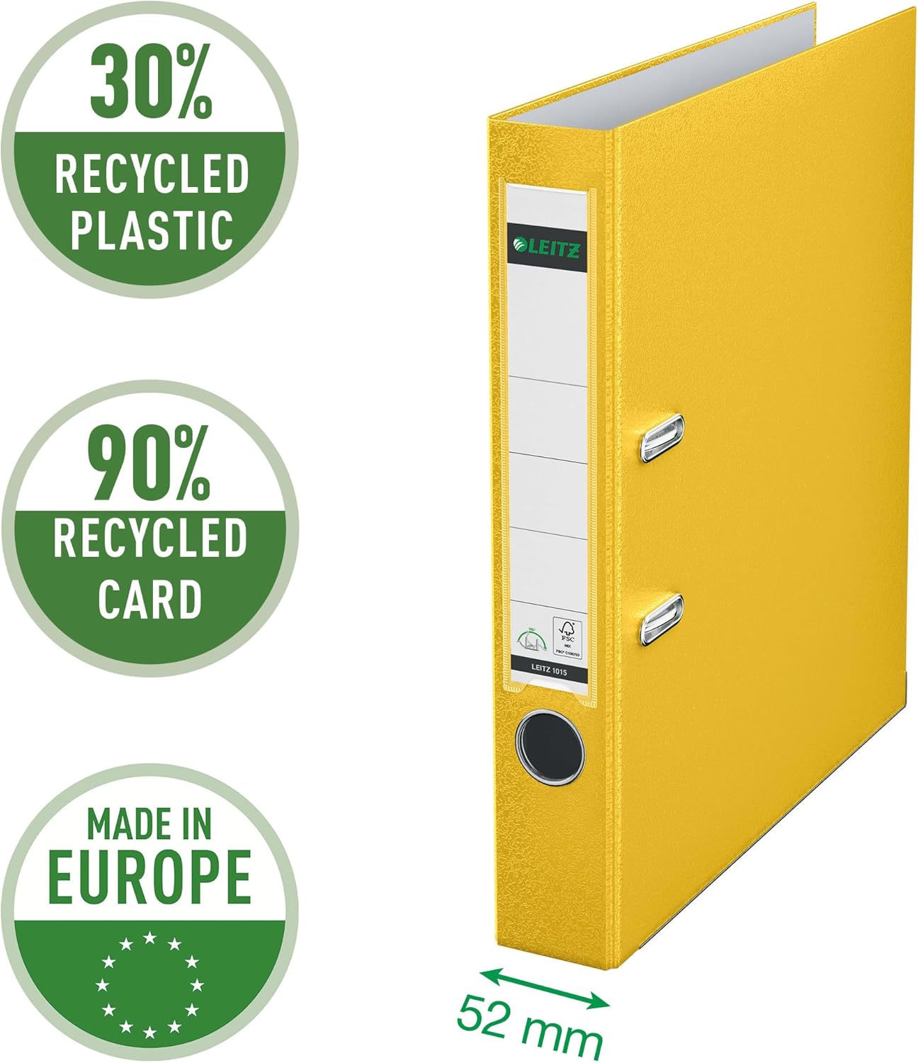 Leitz 10155015 Quality Folder, 180° Plastic, Pack of 20, DIN A4 Lever Arch Files, 5 cm Slim, 90% Recycled Cardboard, 30% Pre-Consumer Recycled Plastic, with 180° Mechanism, 350 Sheets, Yellow,