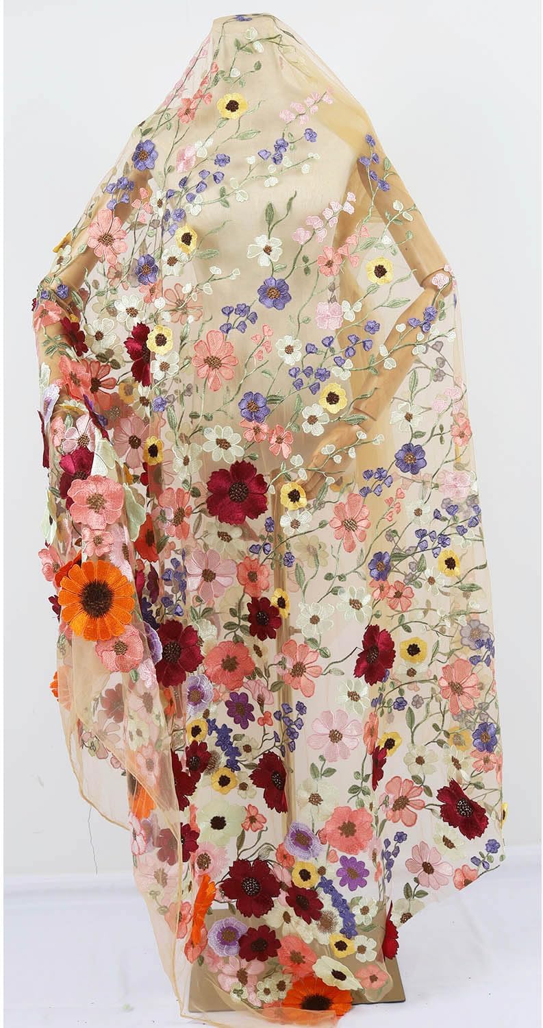 Multicolor 3D Flowers Heavy Embroidery Lace Floral Fabric for Sewing Dresses (Beige Background, 2 Yards)