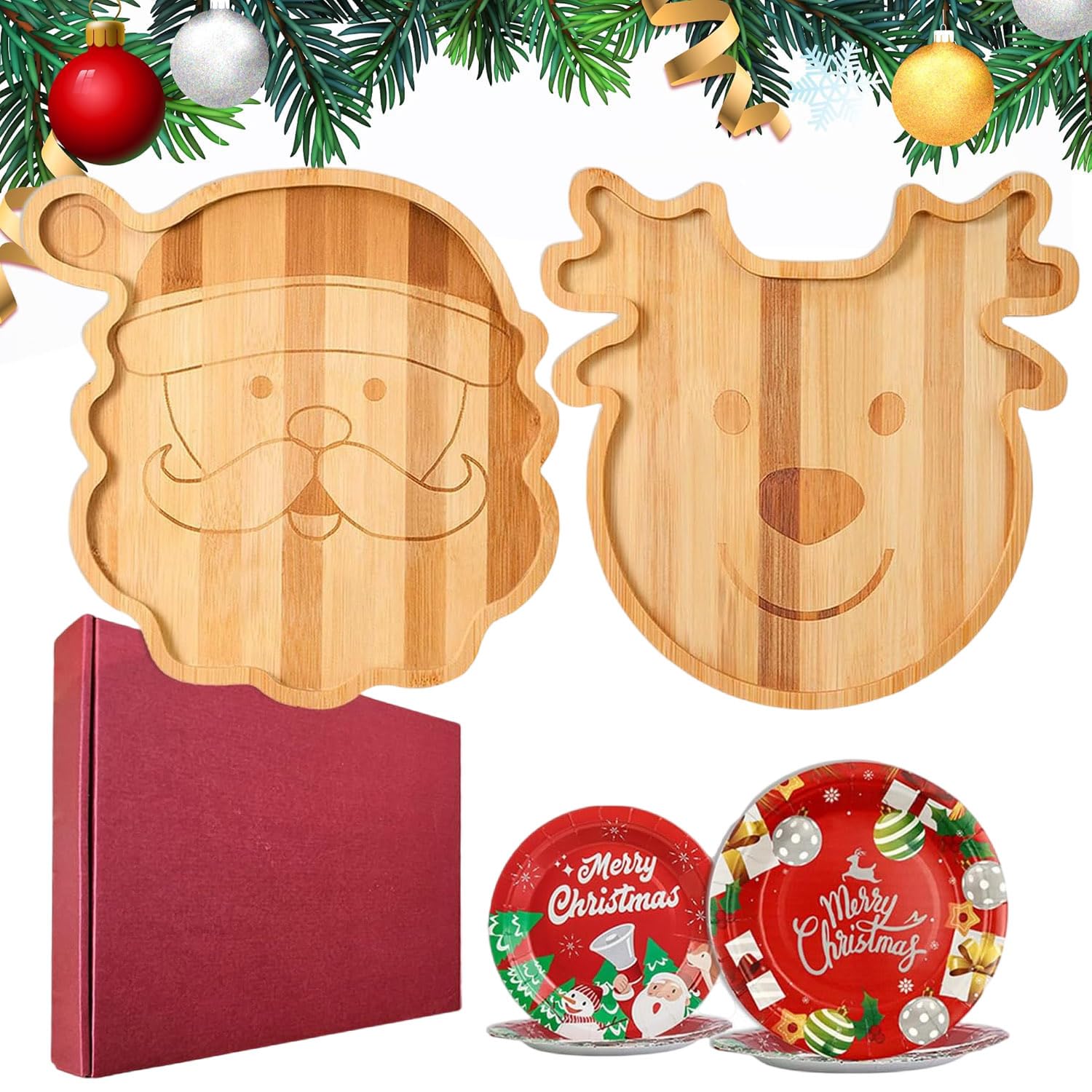 Linwnil Lot de 2 planches à charcuterie en bambou de 30 x 30 cm avec assiettes en carton de 17,8 cm et 22,9 cm – Motif Père Noël et élan, plateaux de service en bois naturel