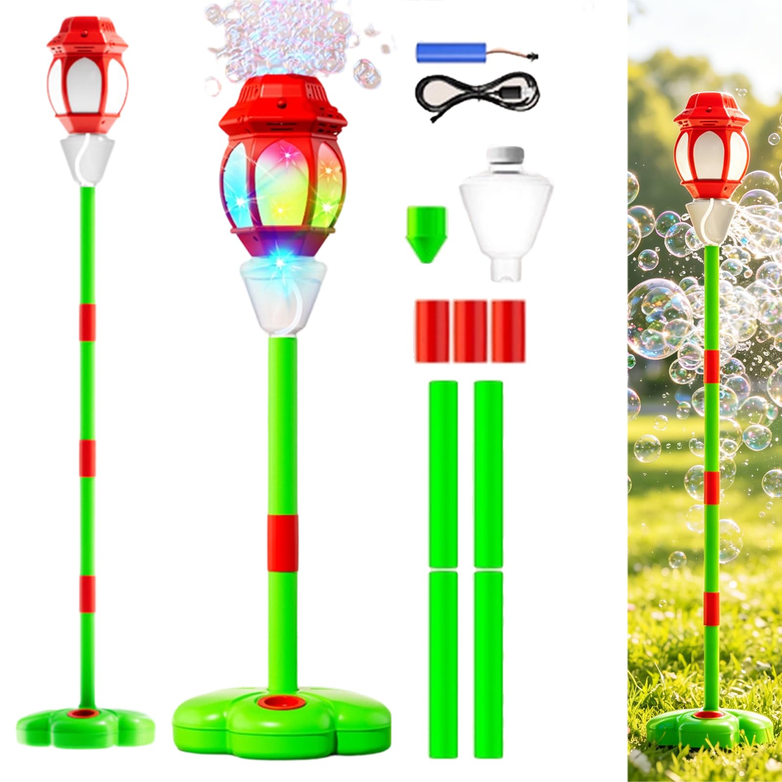 Bubble Stand Machine Automatic, Remote Street Lamp Bubble Tower with Lights and Music, Rechargeable Stand Up Bubbles Machine for Kids, Adjustable Height Street Light, for Party Backyard Summer Beach