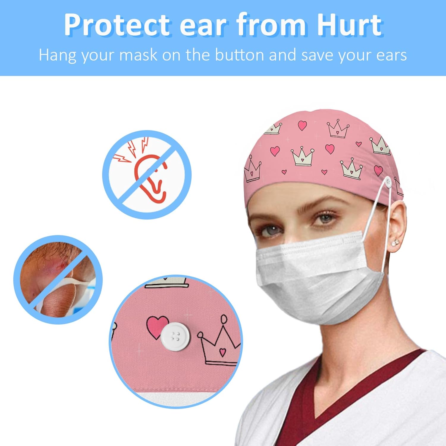 Scrub Caps Women Ponytail, Adjustable Surgical Cap with Buttons, Bouffant Hat with Scrunchy, Crown Print Pink Graffiti Kawaii