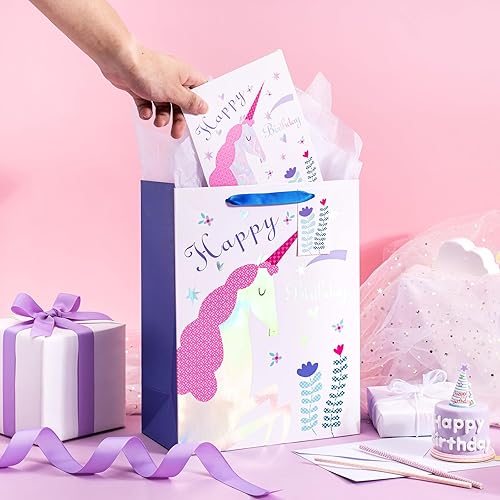 Miniatura 7 de WRAPAHOLIC Bolsa de regalo de cumpleaños grande de 13 pulgadas con tarjeta y papel de seda, adorable unicornio con lámina plateada holográfica